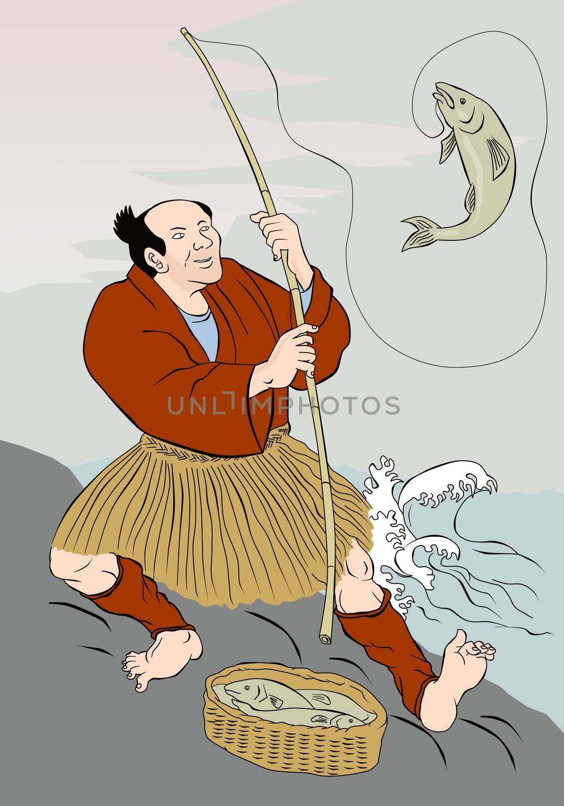 Image shows a Japanese fisherman fishing catching trout fish on a rock on lake done in the style of Japanese carton style