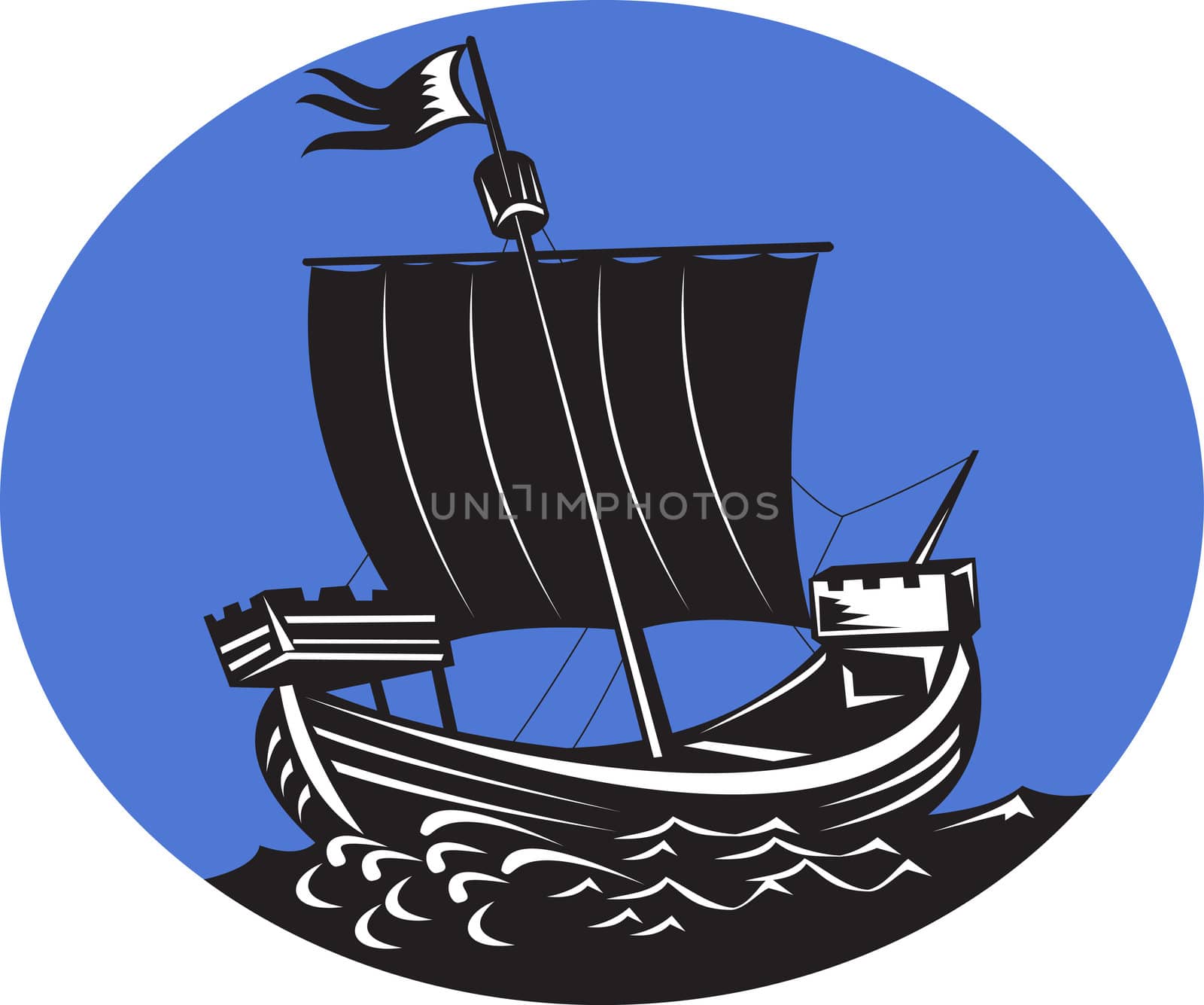 illustration of a galleon tall ship sailing the sea set inside an oval done in retro woodcut style.