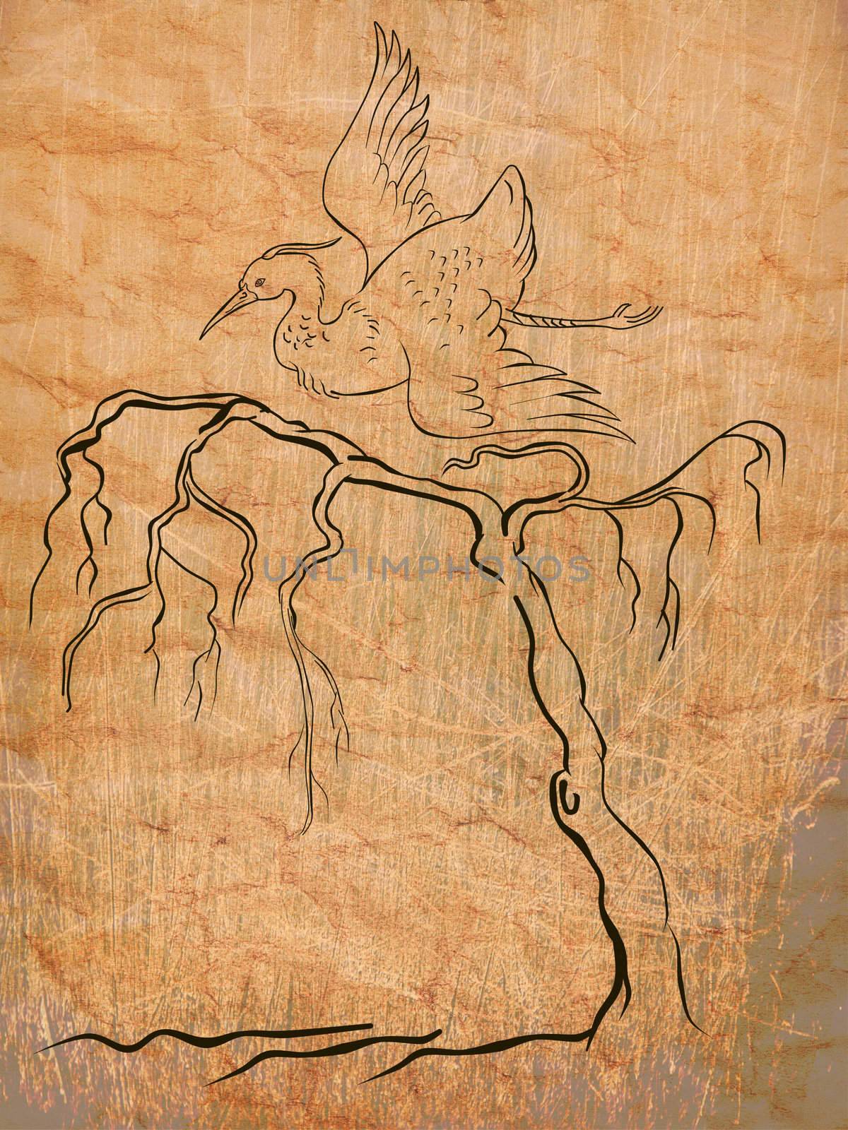 illustration of heron crane flying with tree in background done in cartoon style