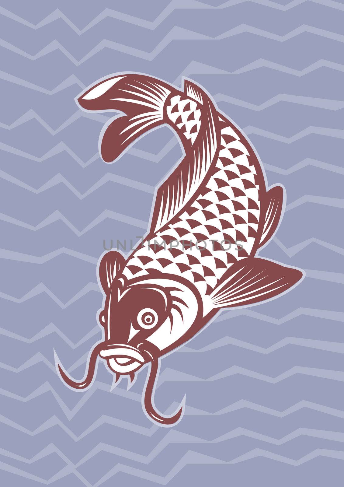 illustration of a Koi carp swimming down with wave pattern in background done in retro style.