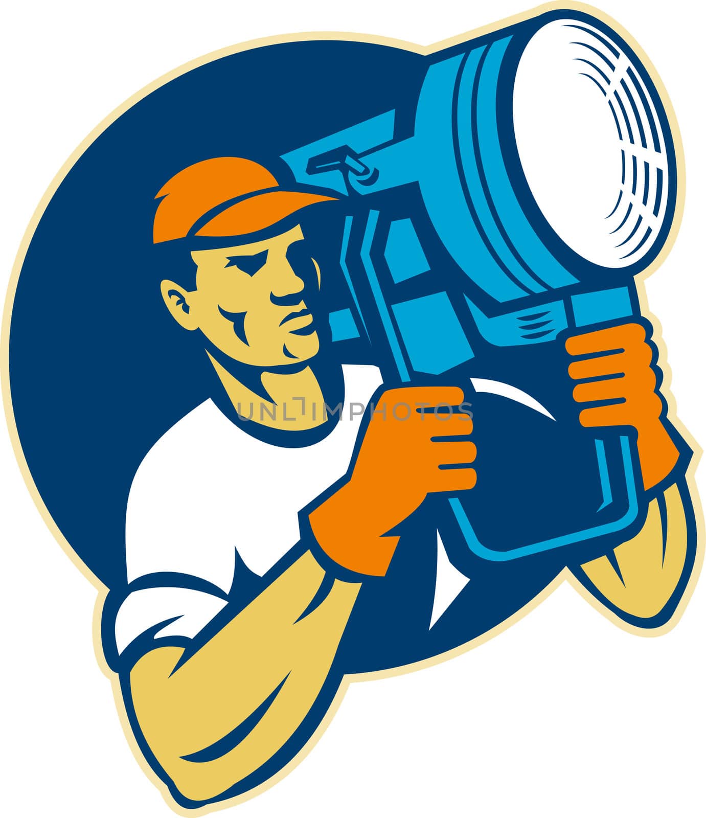 illustration of a film lighting crew holding a spotlight set inside a circle