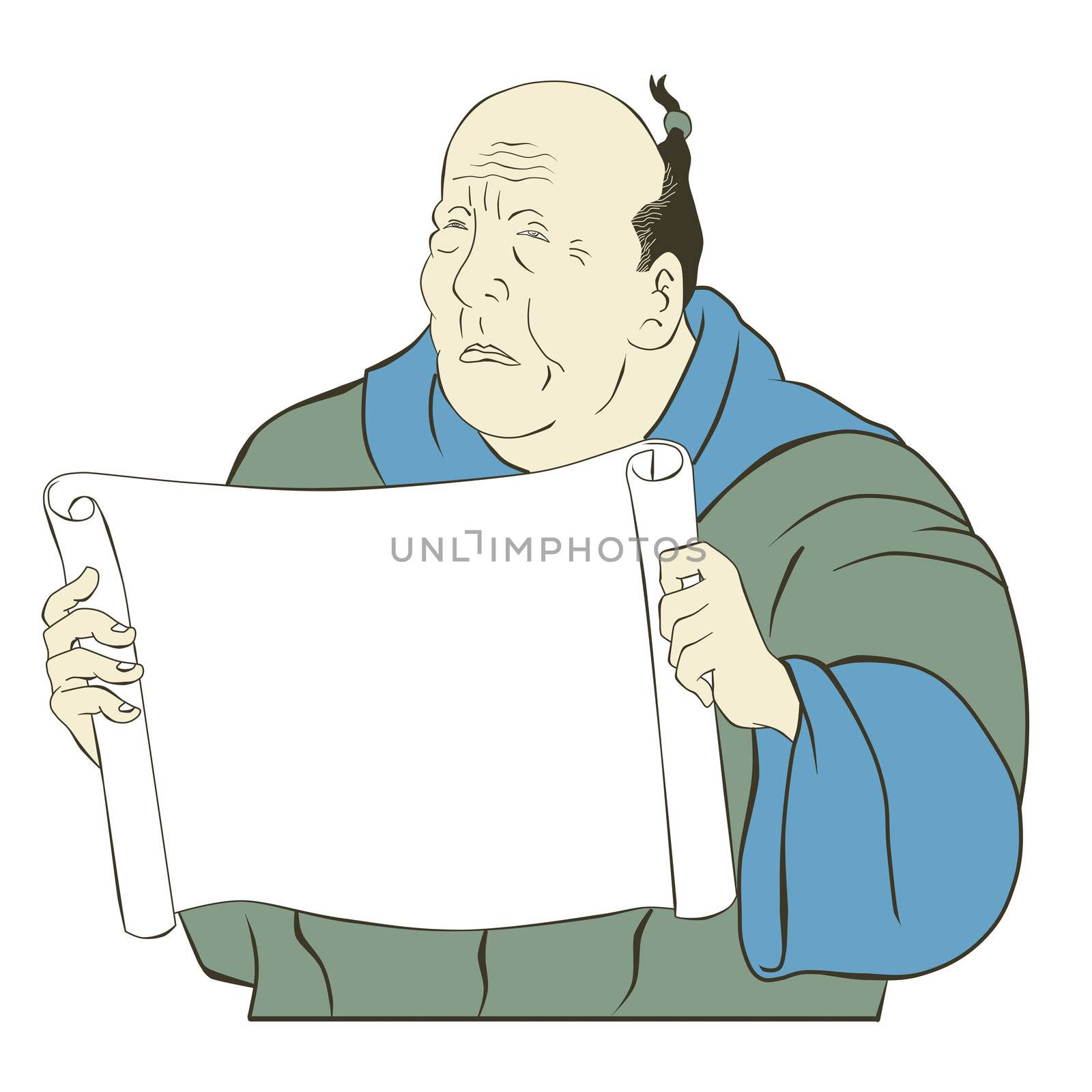 Asian Japanese old man holding a blank paper scroll by patrimonio