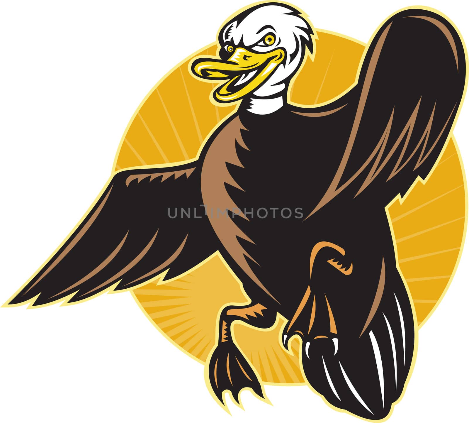 cartoon illustration of an angry mallard duck flying viewed from front with sunburst on isolated background