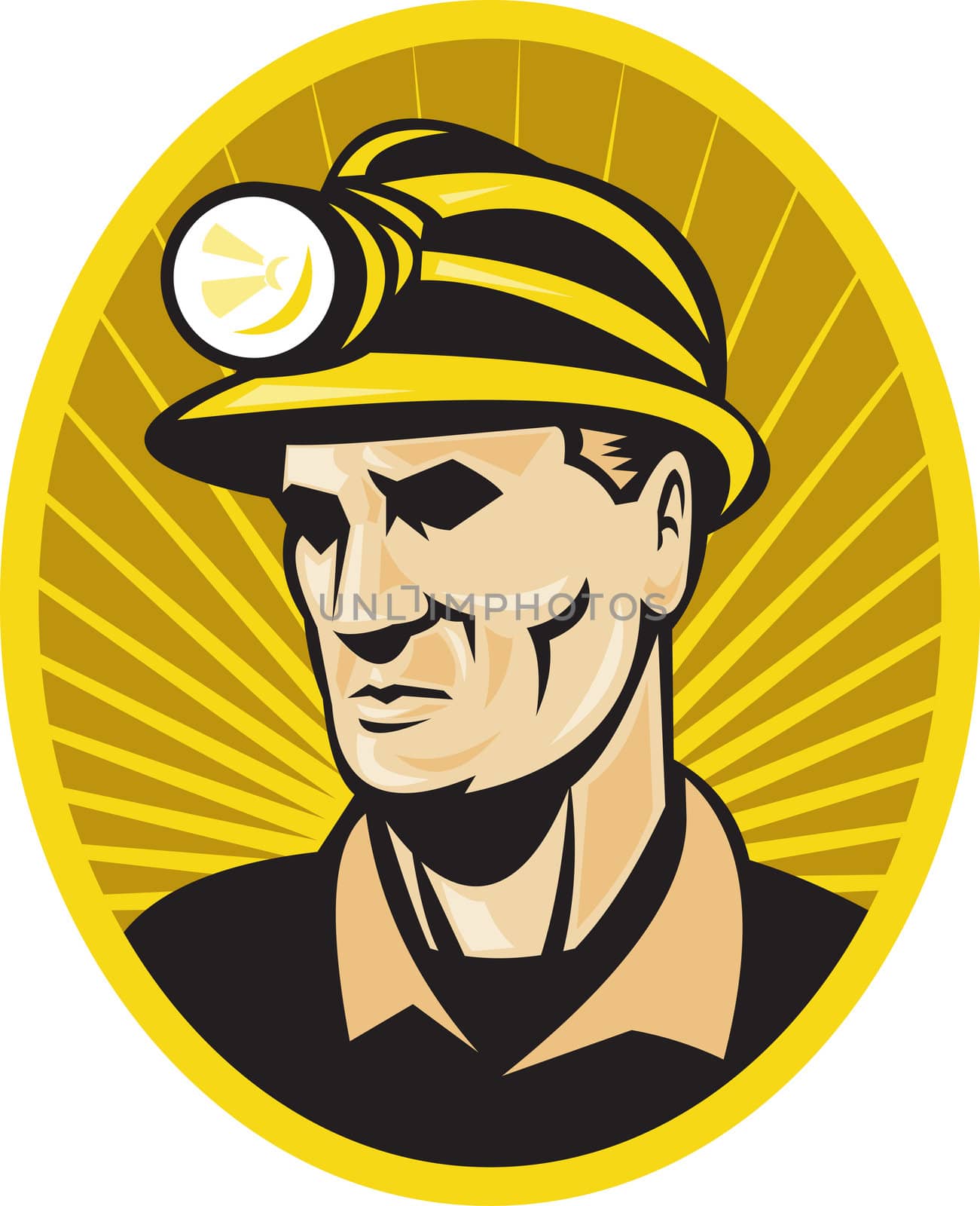 illustration of a coal miner with hardhat facing front set inside oval with sunburst on isolated background