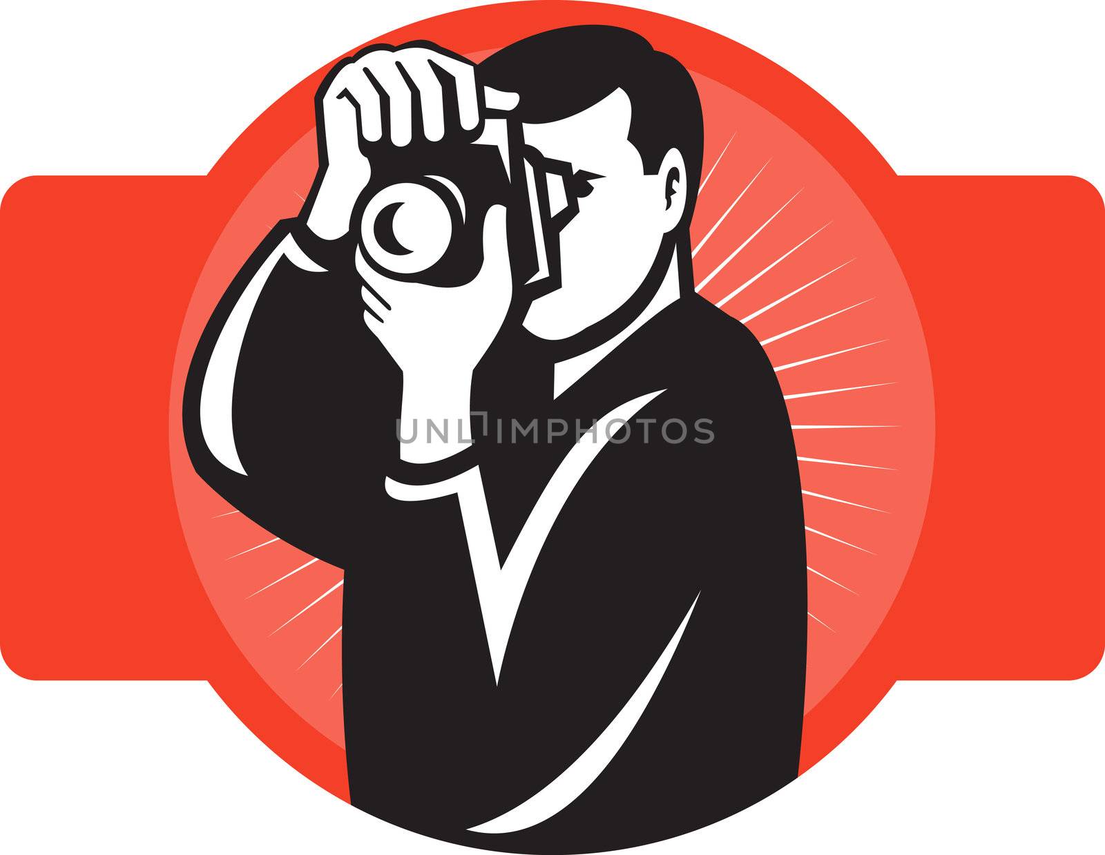 illustration of a photographer aiming slr camera front view on isolated background