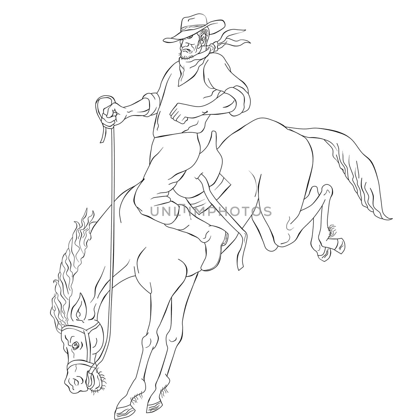 illustration of rodeo cowboy riding bucking horse bronco on isolated white background done in black and white cartoon style