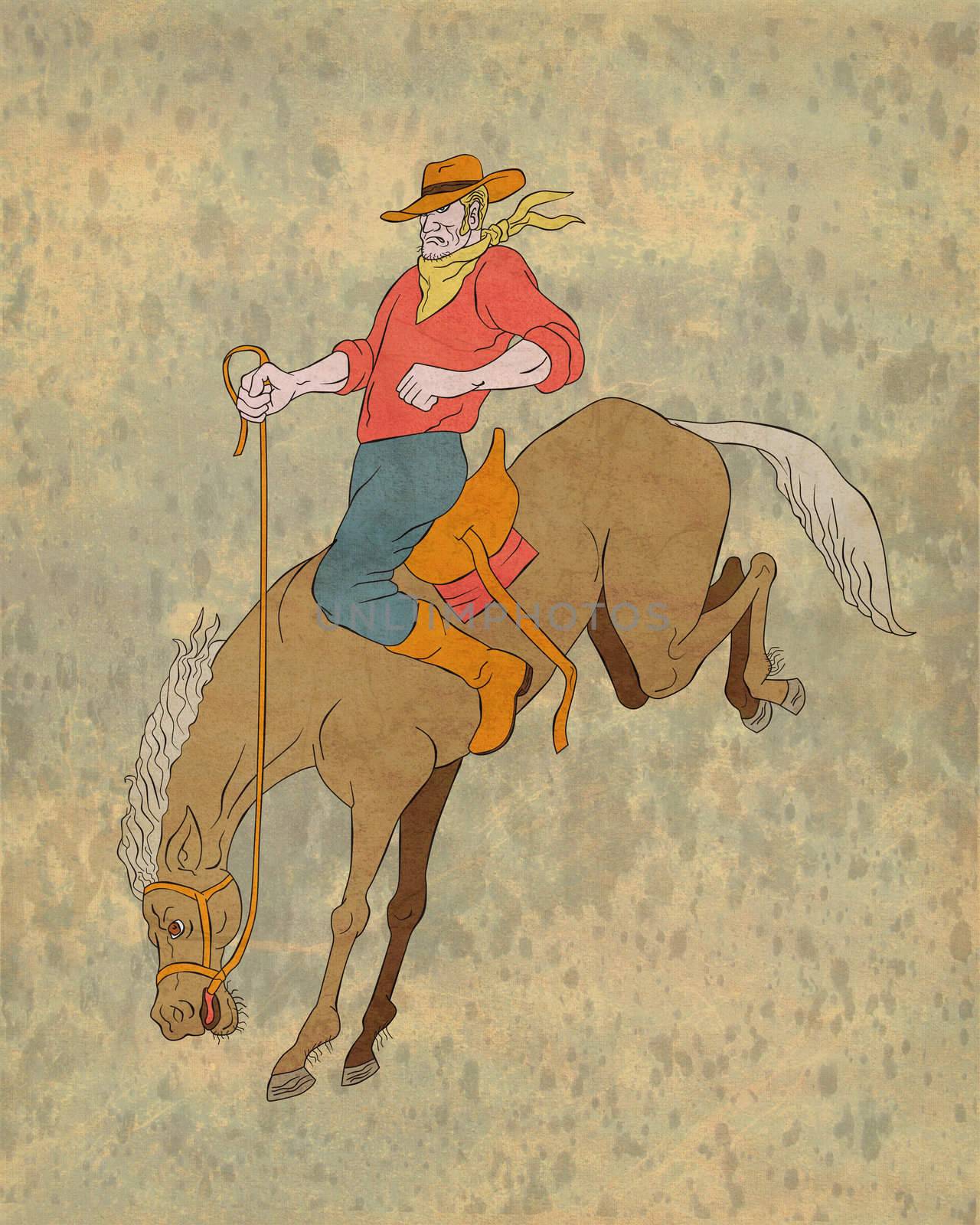 illustration of rodeo cowboy riding bucking horse bronco done in cartoon style