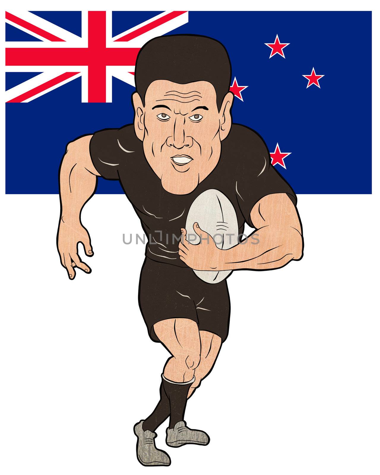 Rugby player running ball New Zealand flag  isolated on white background