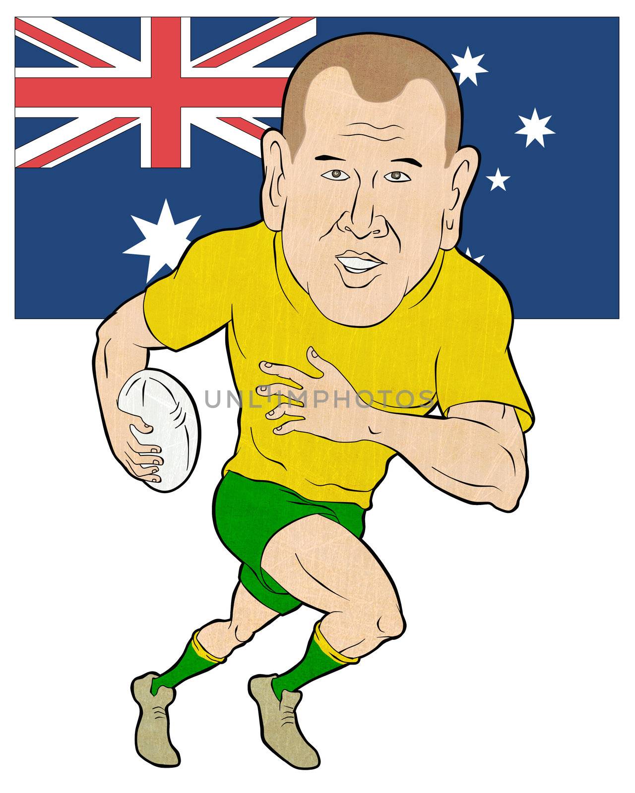 cartoon illustration of a Rugby player running with ball with Australia flag  isolated on white background