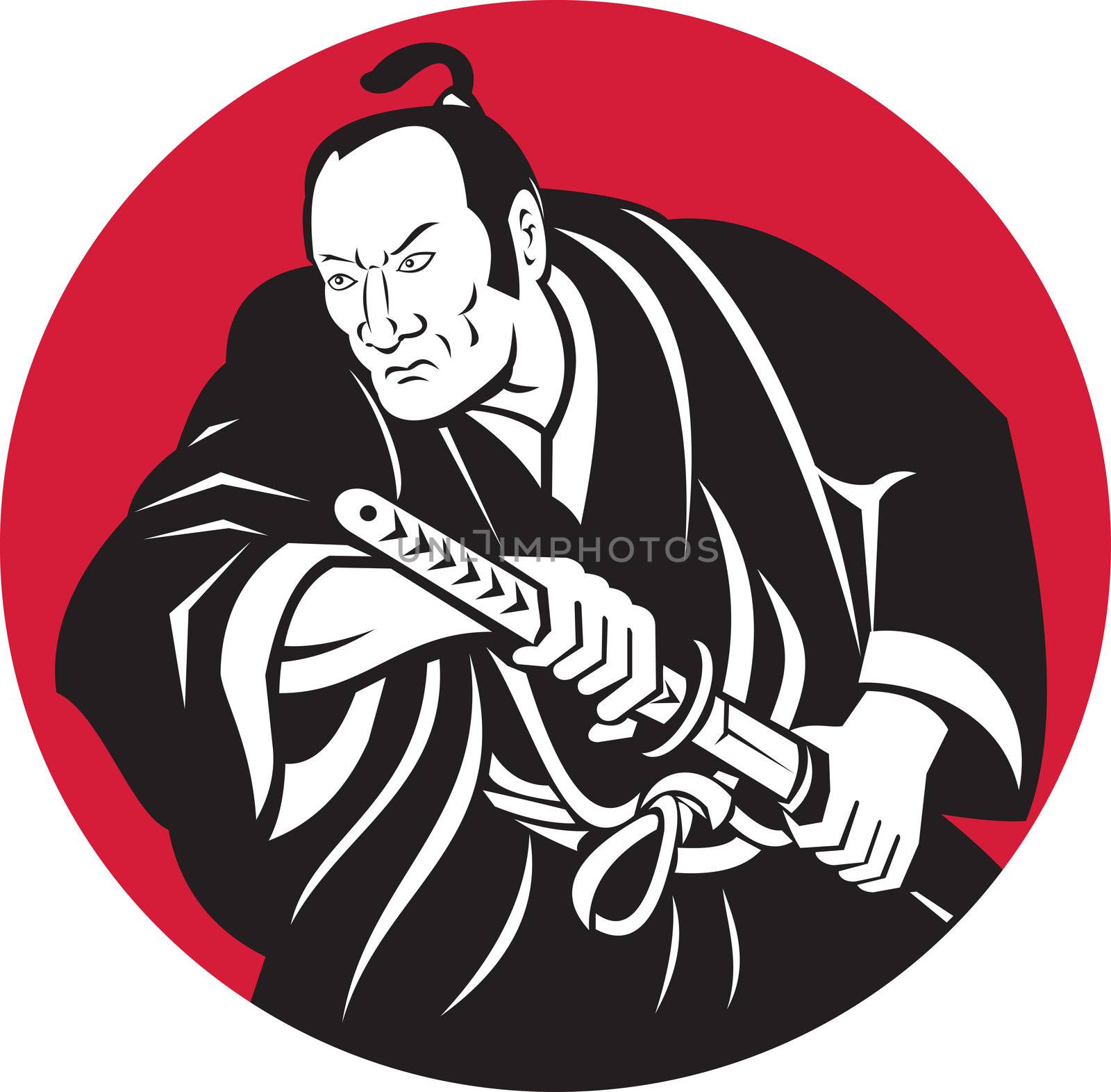 illustration of a Japanese Samurai warrior about to draw sword set inside circle done in retro style
