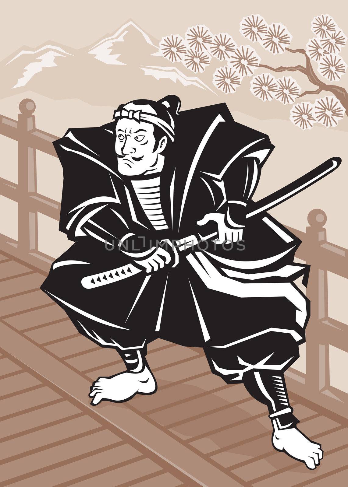 illustration of a Japanese Samurai warrior sword on bridge with tree and mountains in background done in retro woodcut style