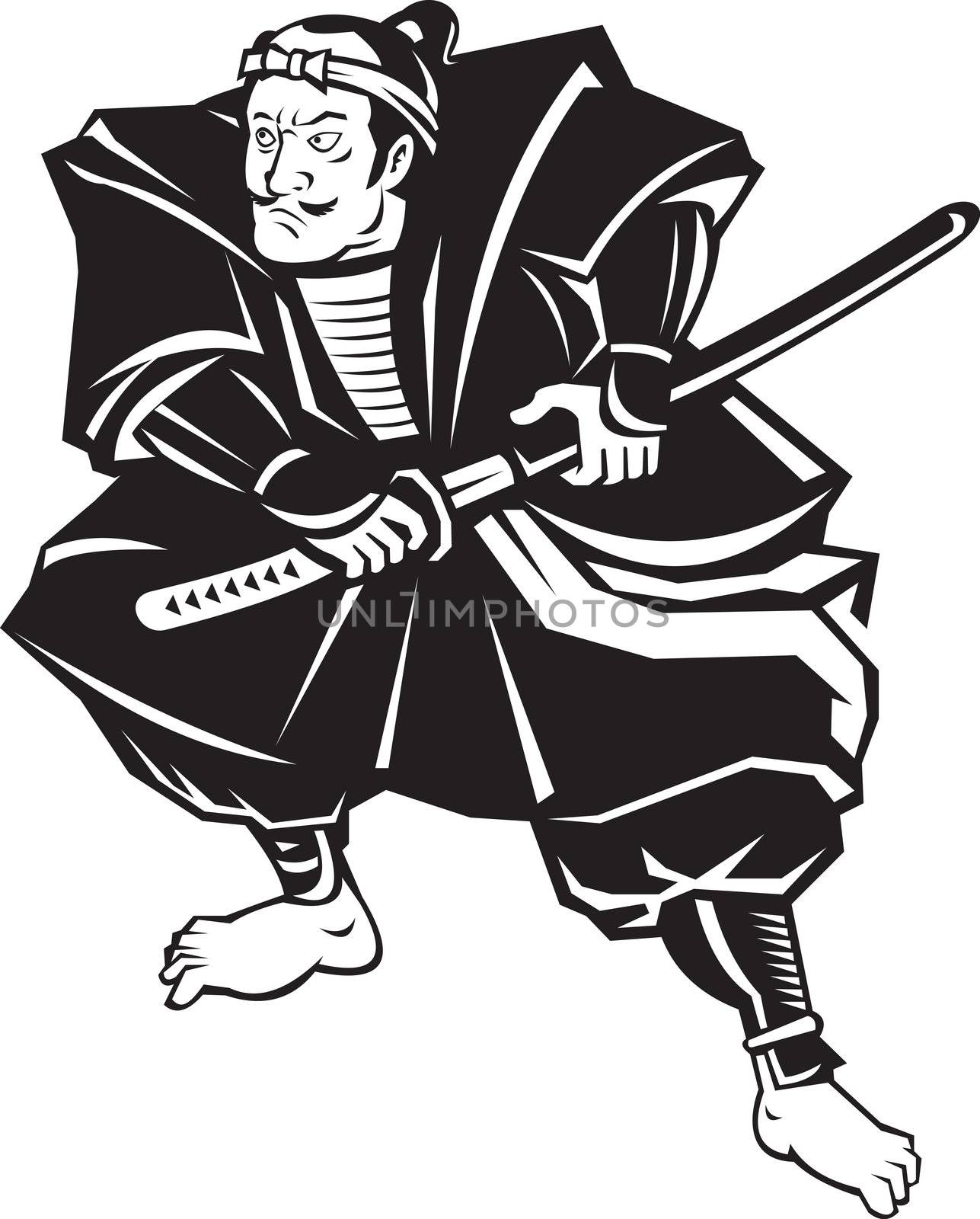  illustration of a Samurai warrior about to draw katana sword in fighting stance on isolated white background done in retro style