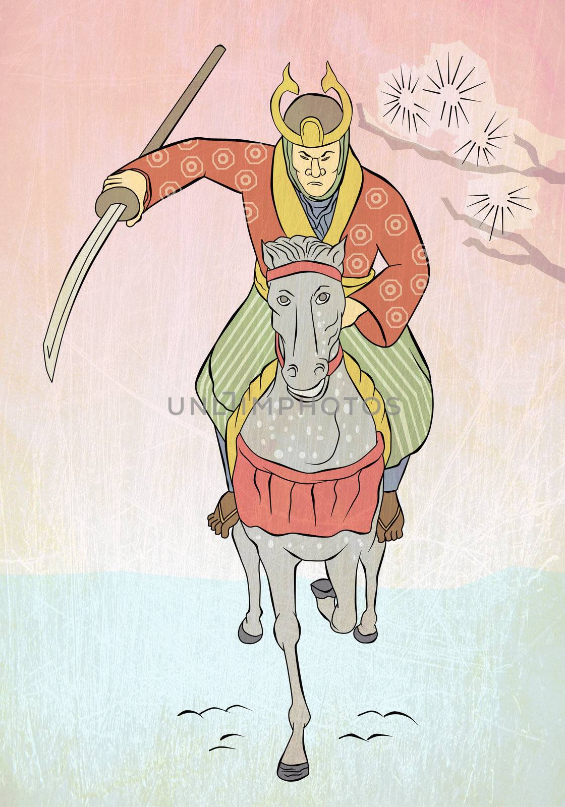  illustration of a Samurai warrior riding horse with katana sword attacking charging viewed from front in the style of Japanese wood block print 