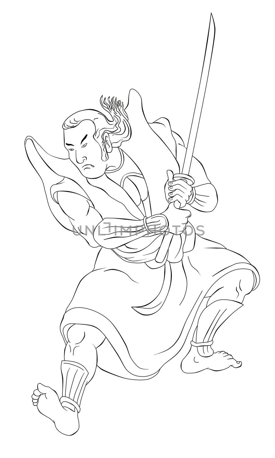 illustration of a Samurai warrior with katana sword in fighting stance done in cartoon style black and white on isolated background