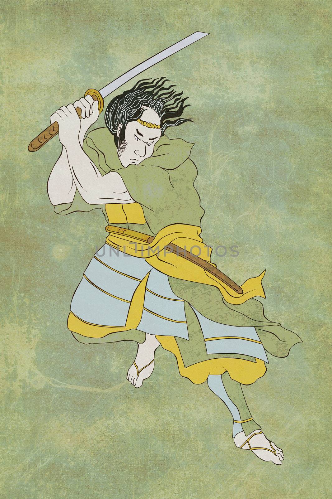 illustration of a Samurai warrior with katana sword in fighting stance done in cartoon style on isolated background