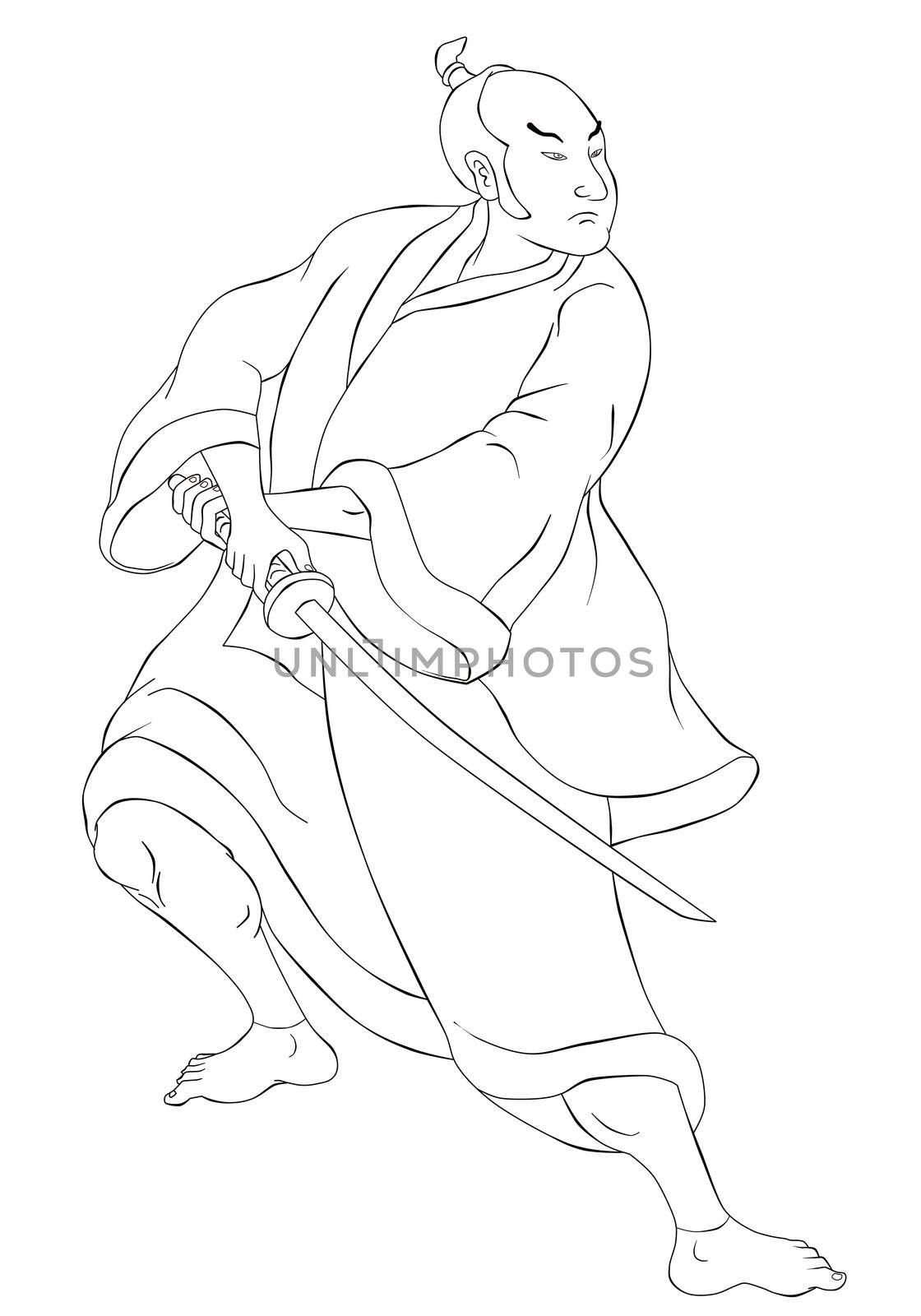 illustration of a Samurai warrior with katana sword in fighting stance done in cartoon style black and white on isolated background