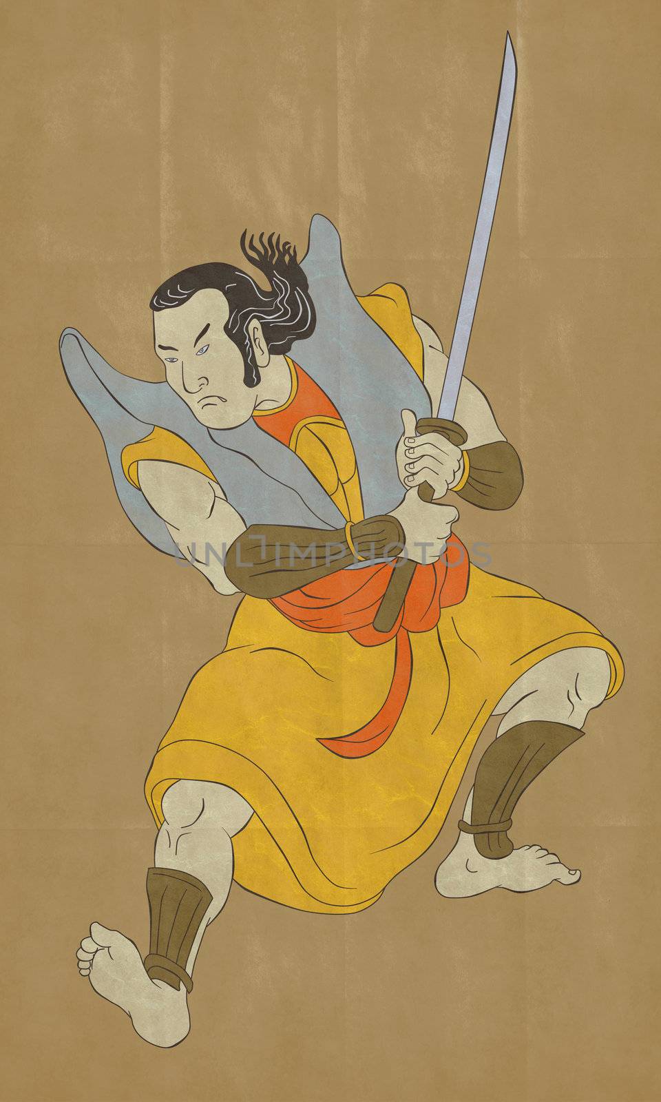illustration of a Samurai warrior with katana sword in fighting stance done in cartoon style 