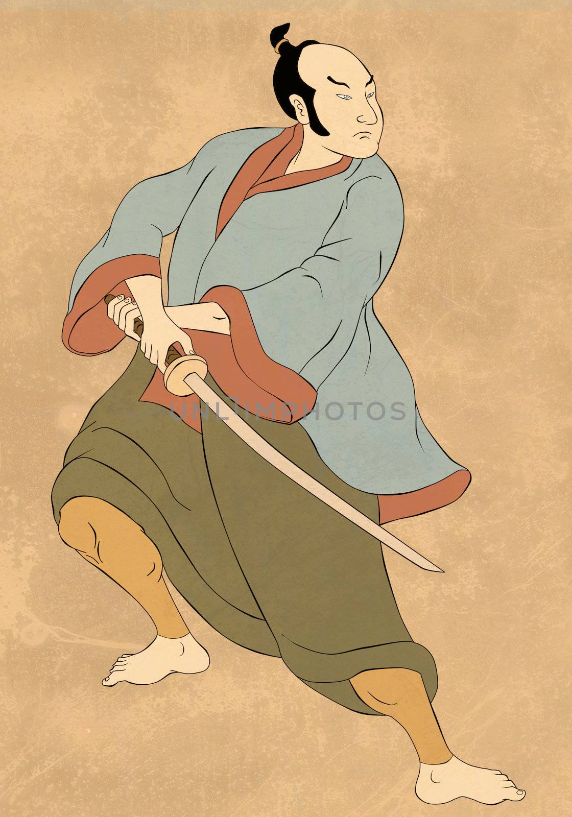 illustration of a Samurai warrior with katana sword in fighting stance done in cartoon style