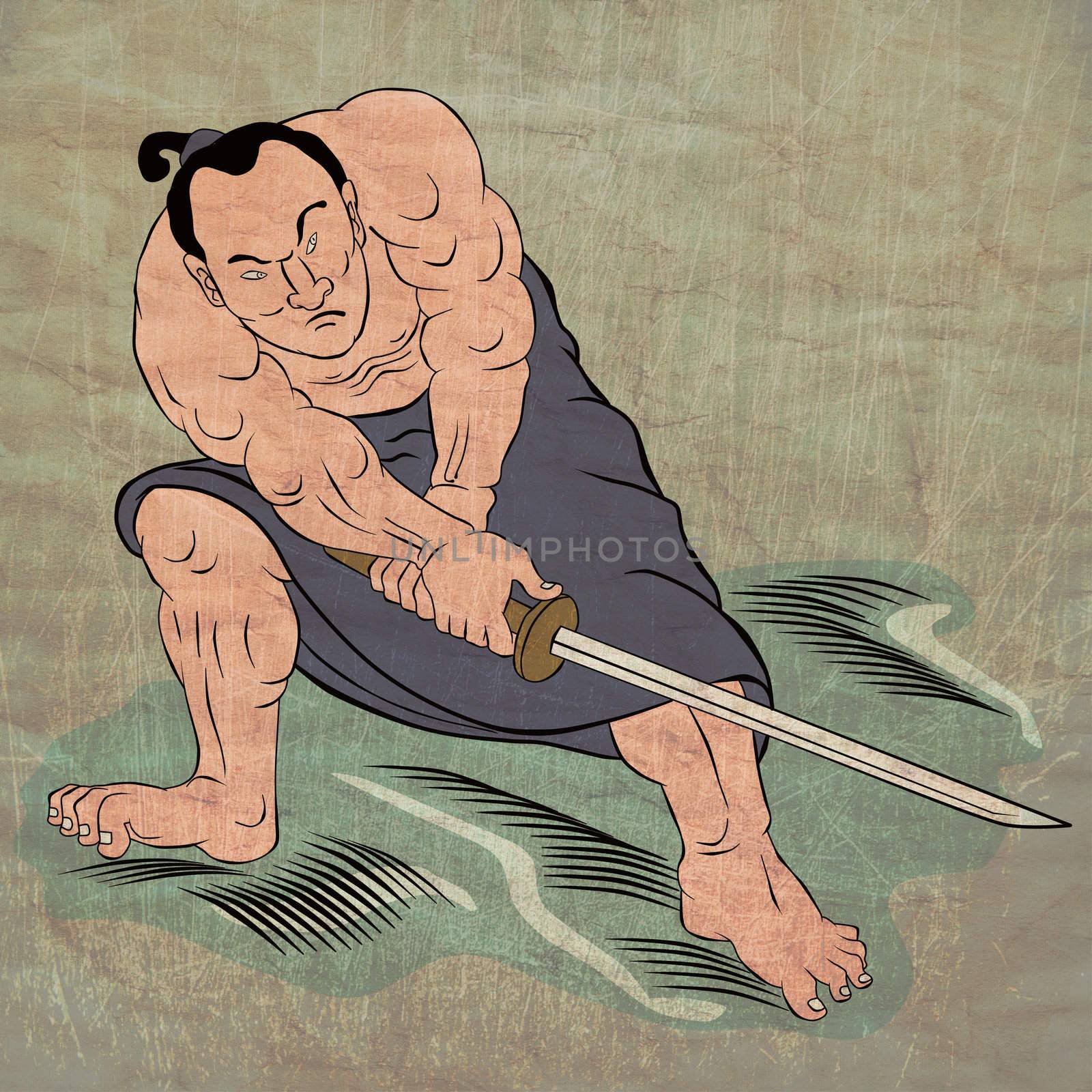  illustration of a Samurai warrior with katana sword in fighting stance done in cartoon style Japanese wood block print