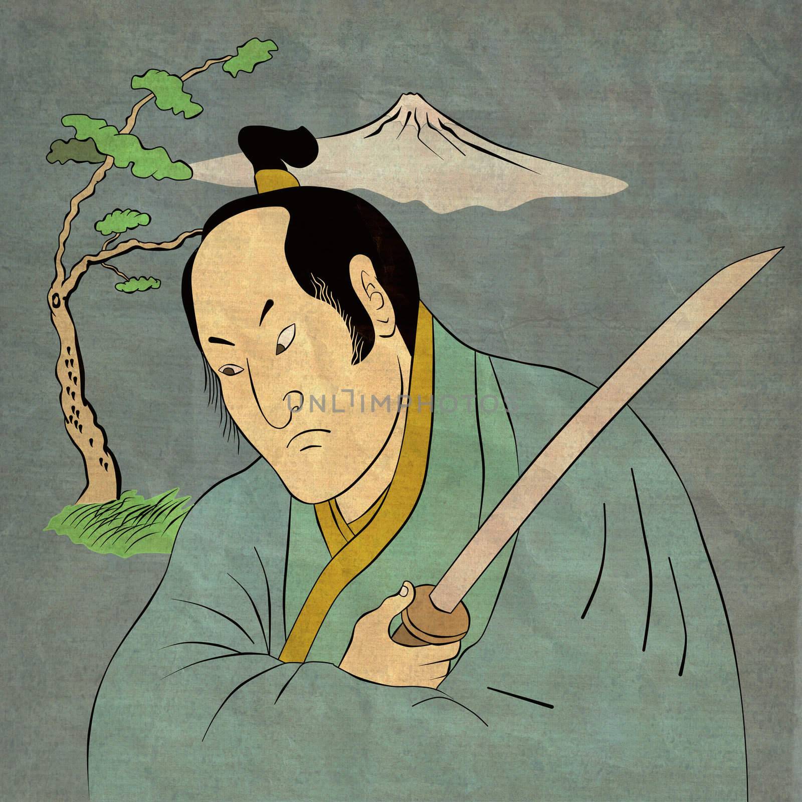  illustration of a Samurai warrior with katana sword in fighting stance with tree and mountain in background done in cartoon style Japanese wood block print.