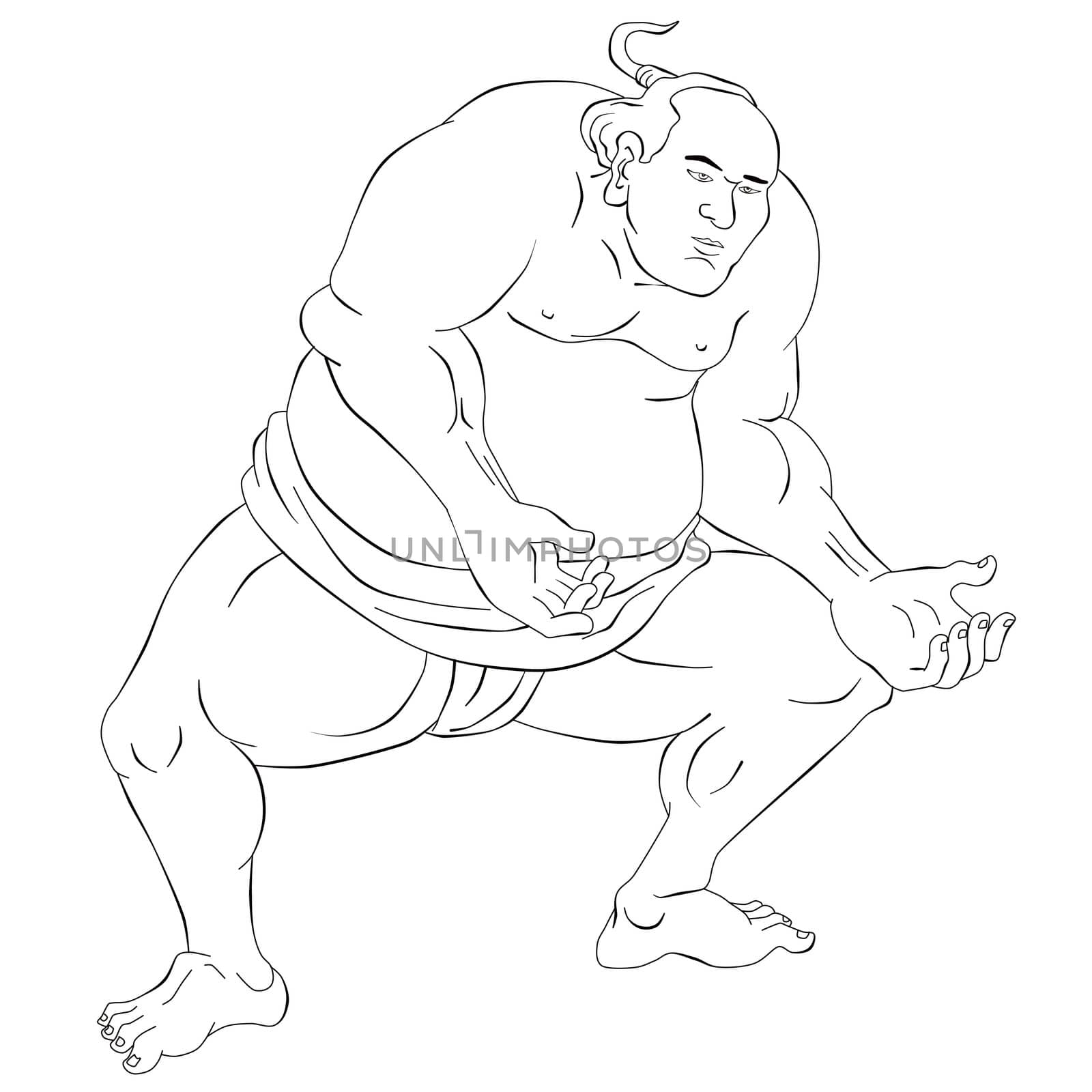 illustration of a Japanese sumo wrestler done in black and white cartoon style on isolated on white background