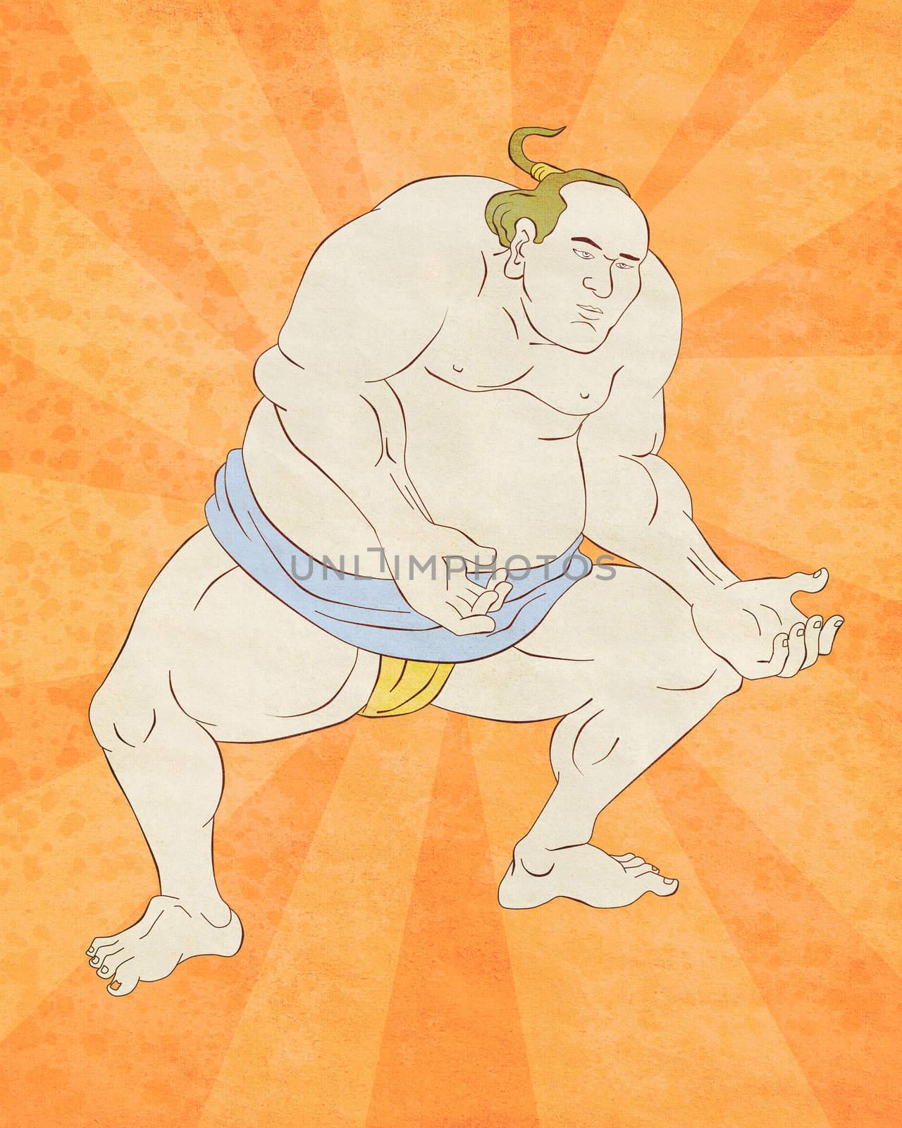 illustration of a Japanese sumo wrestler done in cartoon style with sunburst in background