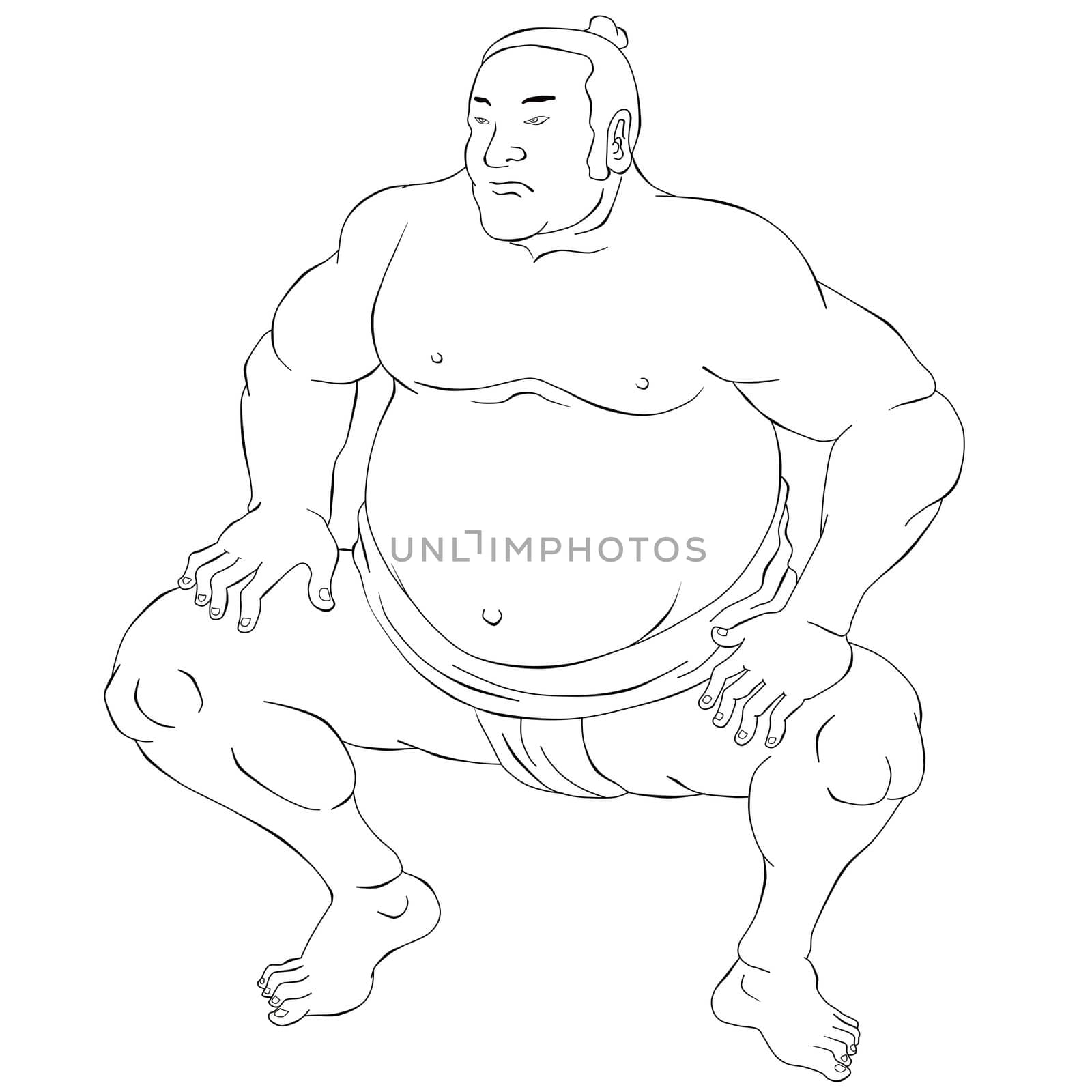 illustration of a Japanese sumo wrestler done in black and white cartoon style on isolated on white background