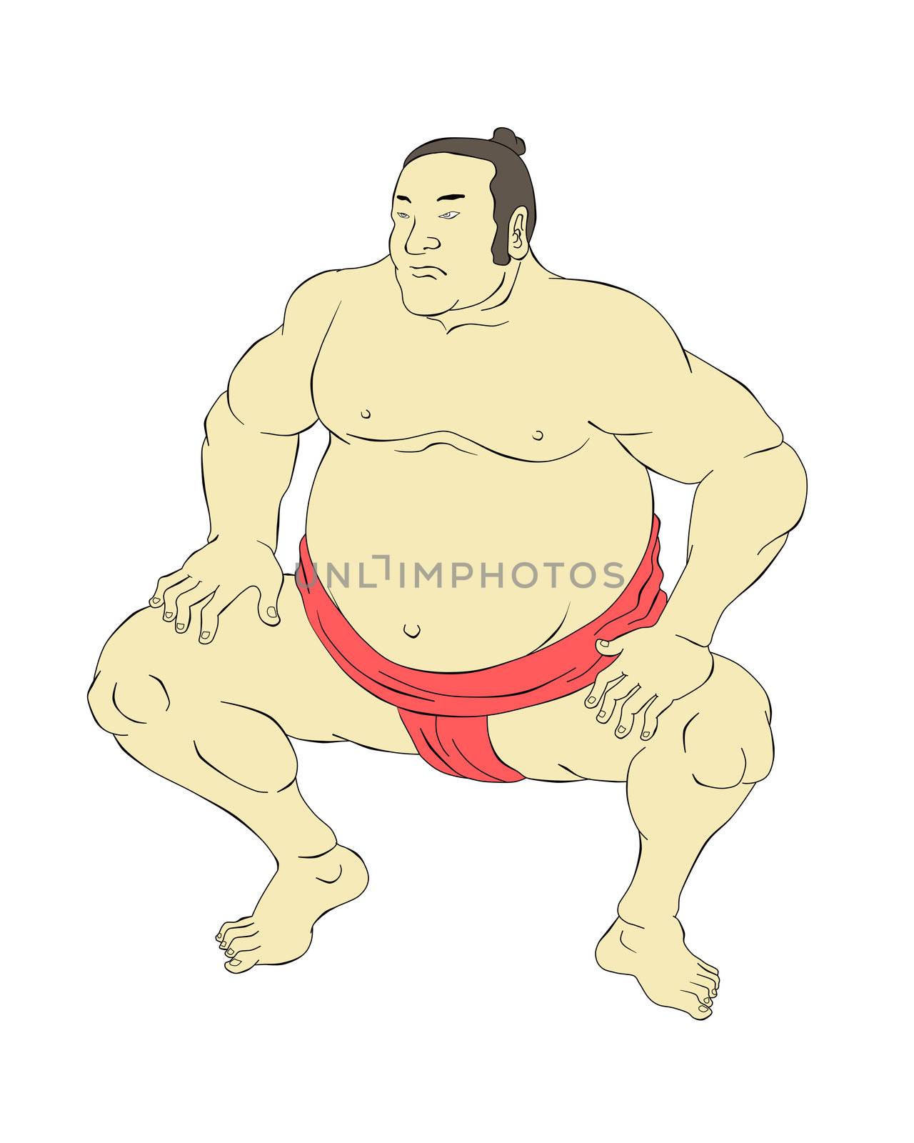 illustration of a Japanese sumo wrestler done in cartoon style on isolated on white background