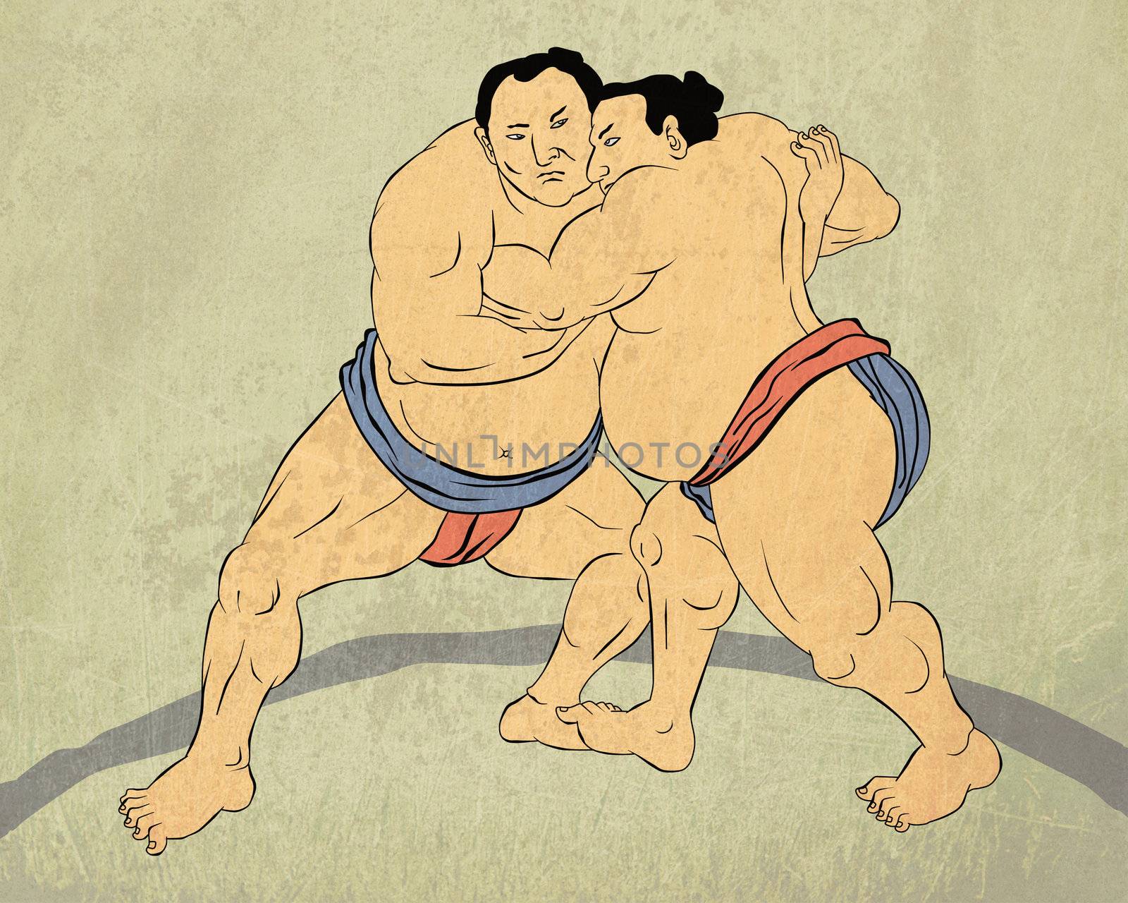 illustration of a two Japanese sumo wrestler wrestling isolated done in Japanese wood block print style