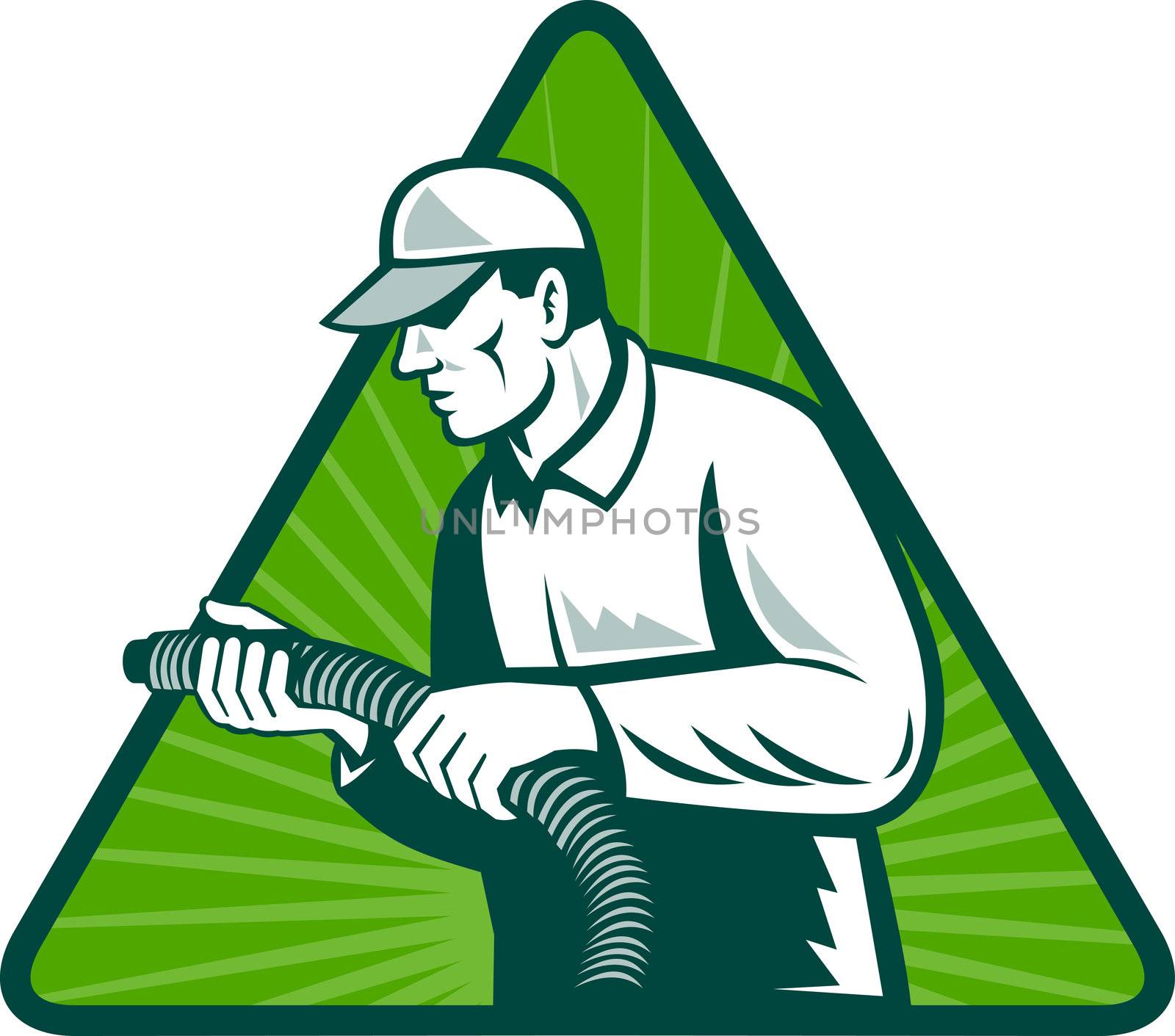 illustration of a tradesman home insulation technician holding a hose viewed from side set inside triangle with sunburst in background