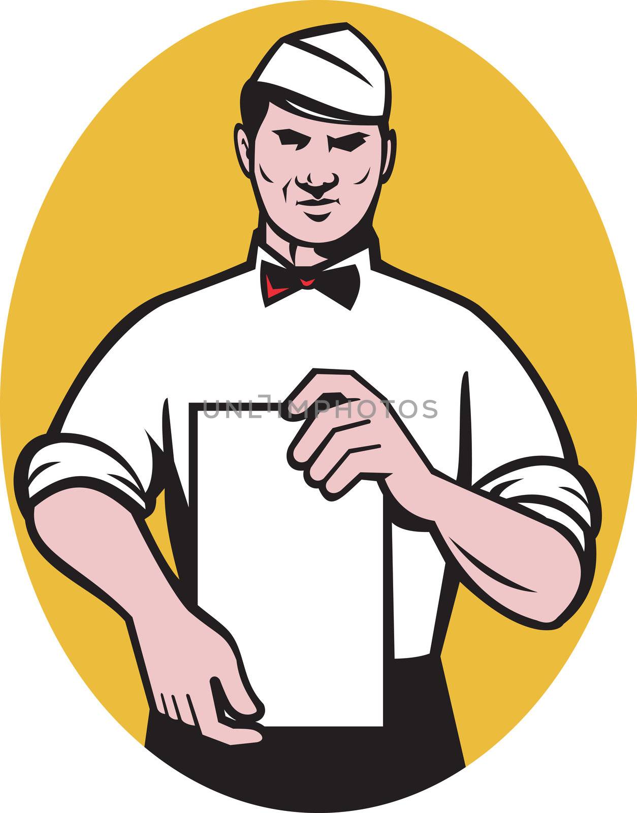 illustration of a Waiter holding a blank menu paper facing front set inside an ellipse