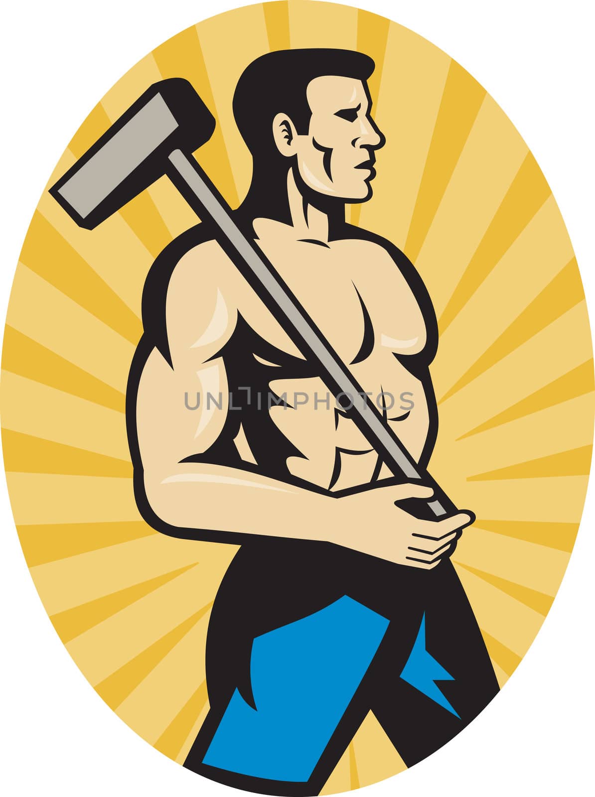 illustration of a worker with sledge hammer side view set inside ellipse with sunburst