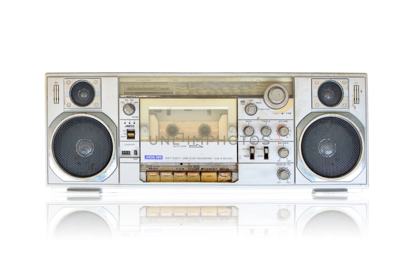 vintage radio and cassette tape player on white background with clipping path.