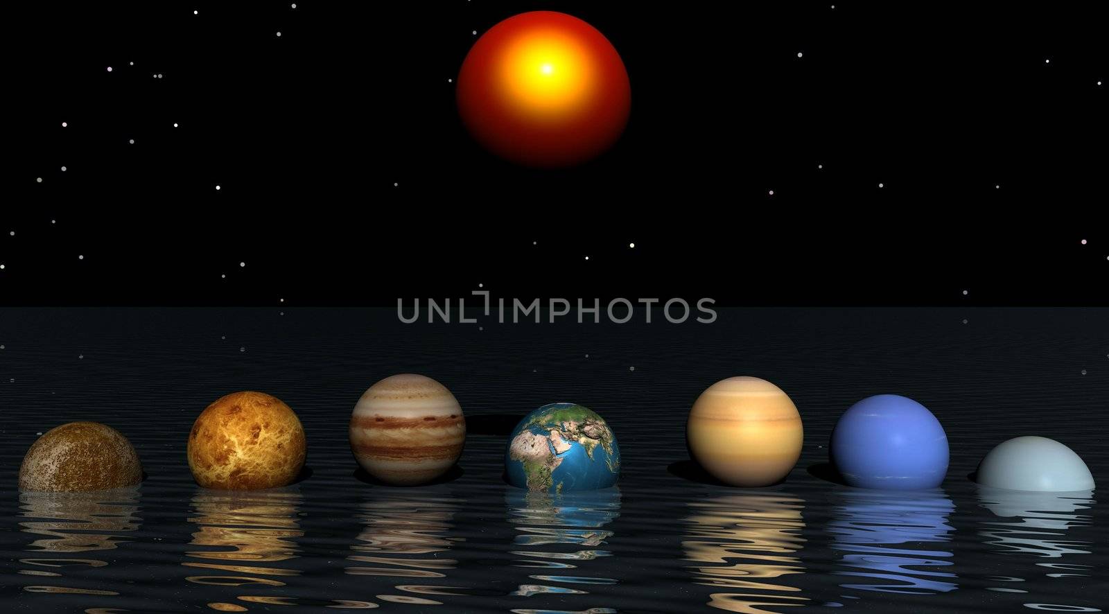 seven planets and sun and water