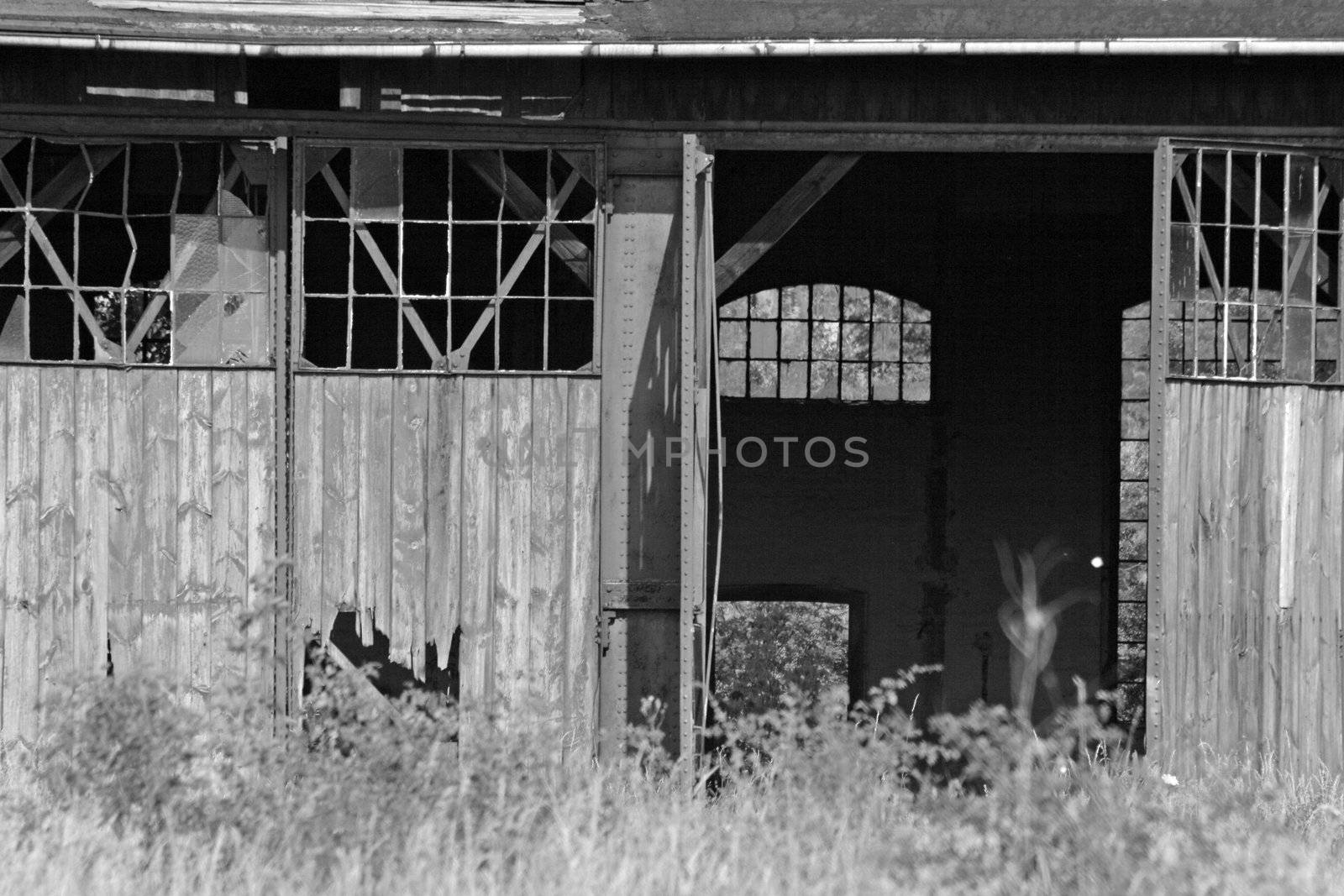 Front doors of the old abandoned railway depot
