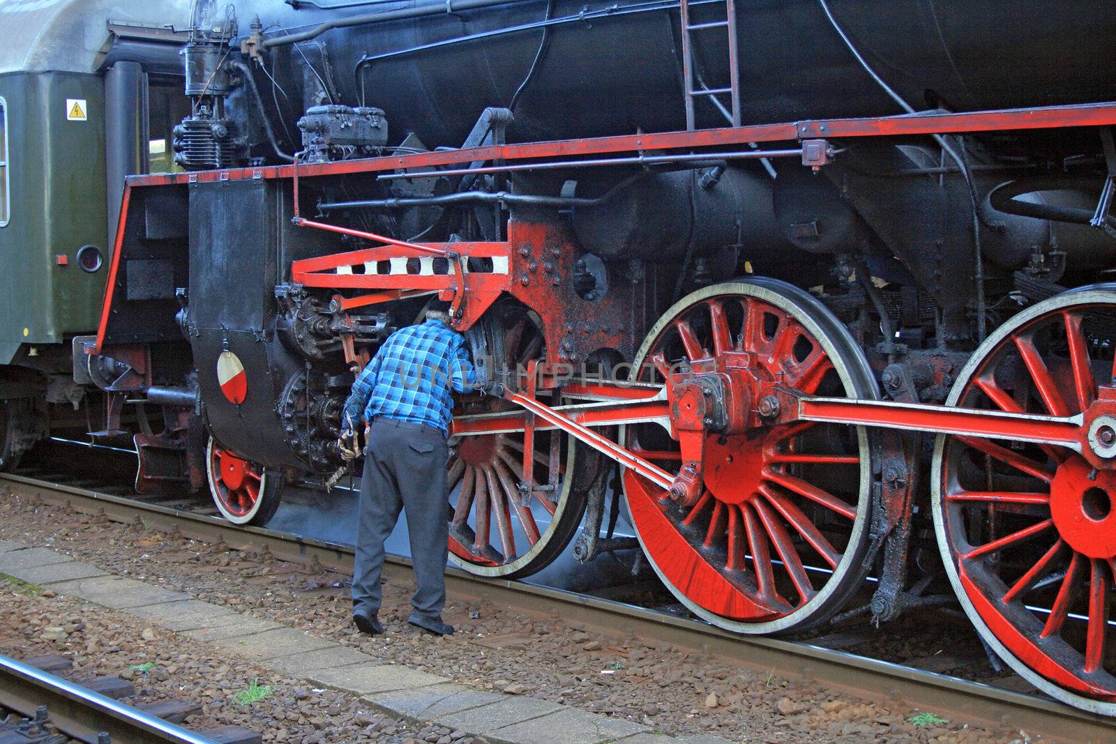 Man doing the repair on the old steam locomotive
