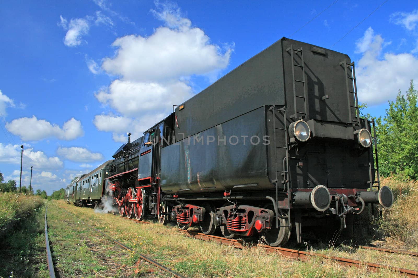 Old retro steam train stopped from the small station
