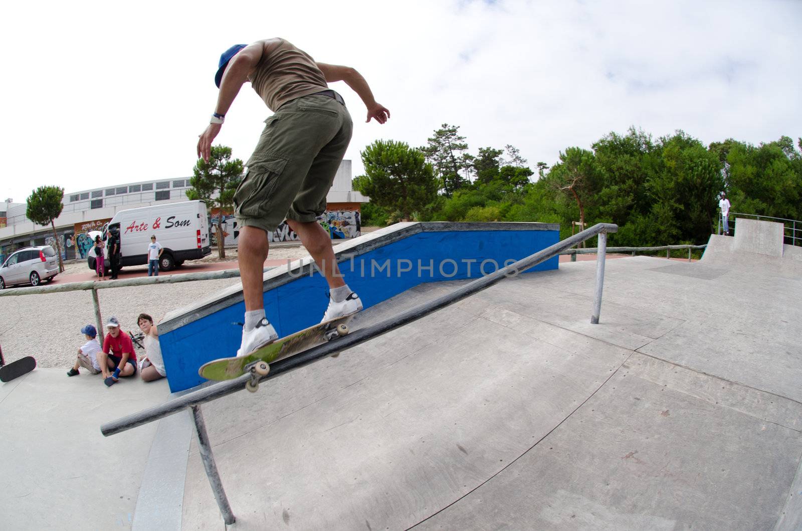 ILHAVO, PORTUGAL - AUGUST 13: Joao Vitor on a feeble grind during the Skate Open Ilhavo on August 13, 2011 in Ílhavo, Portugal.