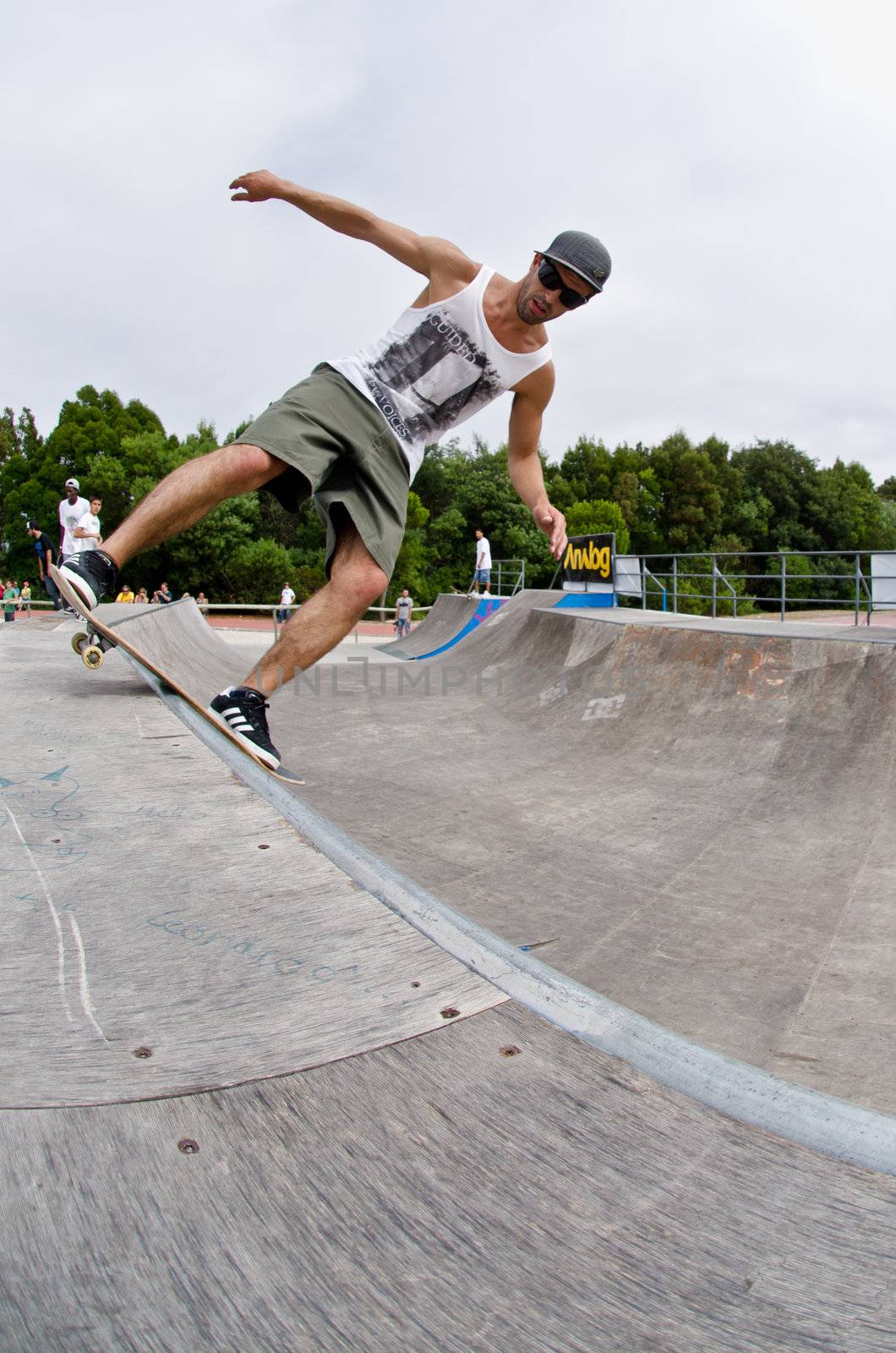 ILHAVO, PORTUGAL - AUGUST 13: Nuno Alcaide on a  fakie rock`roll during the Skate Open Ilhavo on August 13, 2011 in Ílhavo, Portugal.