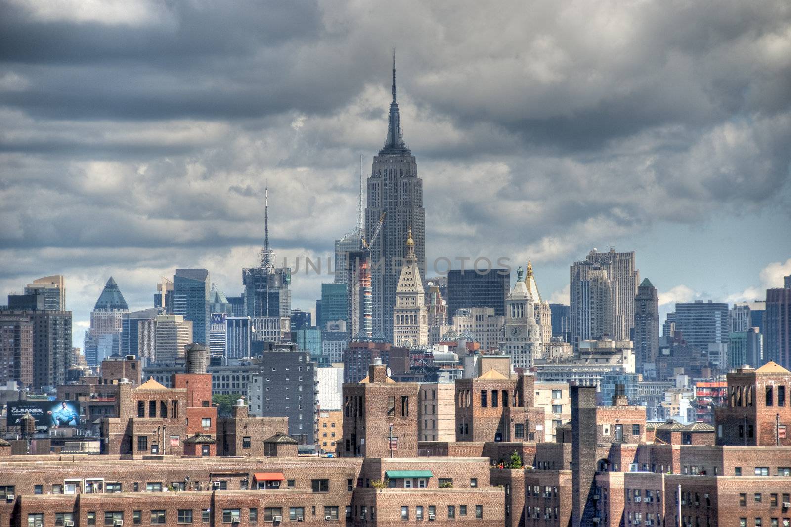 The Empire viewed from Brooklyn Bridge on a cloudy summer morning