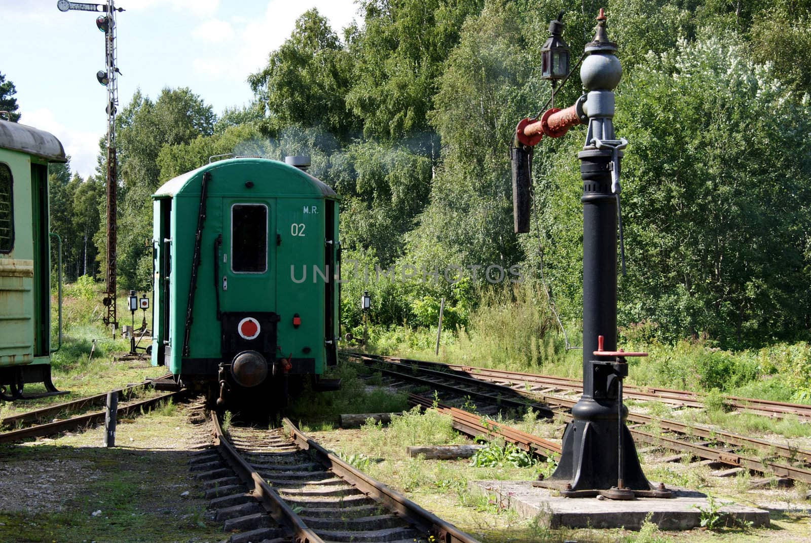 The train leaves from station aside trees