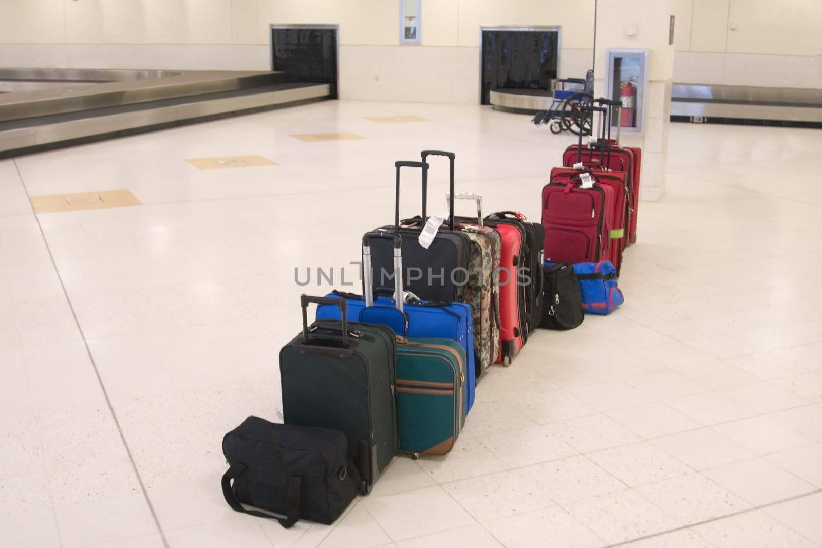Passenger baggage and luggage in the baggage claim area of the airport