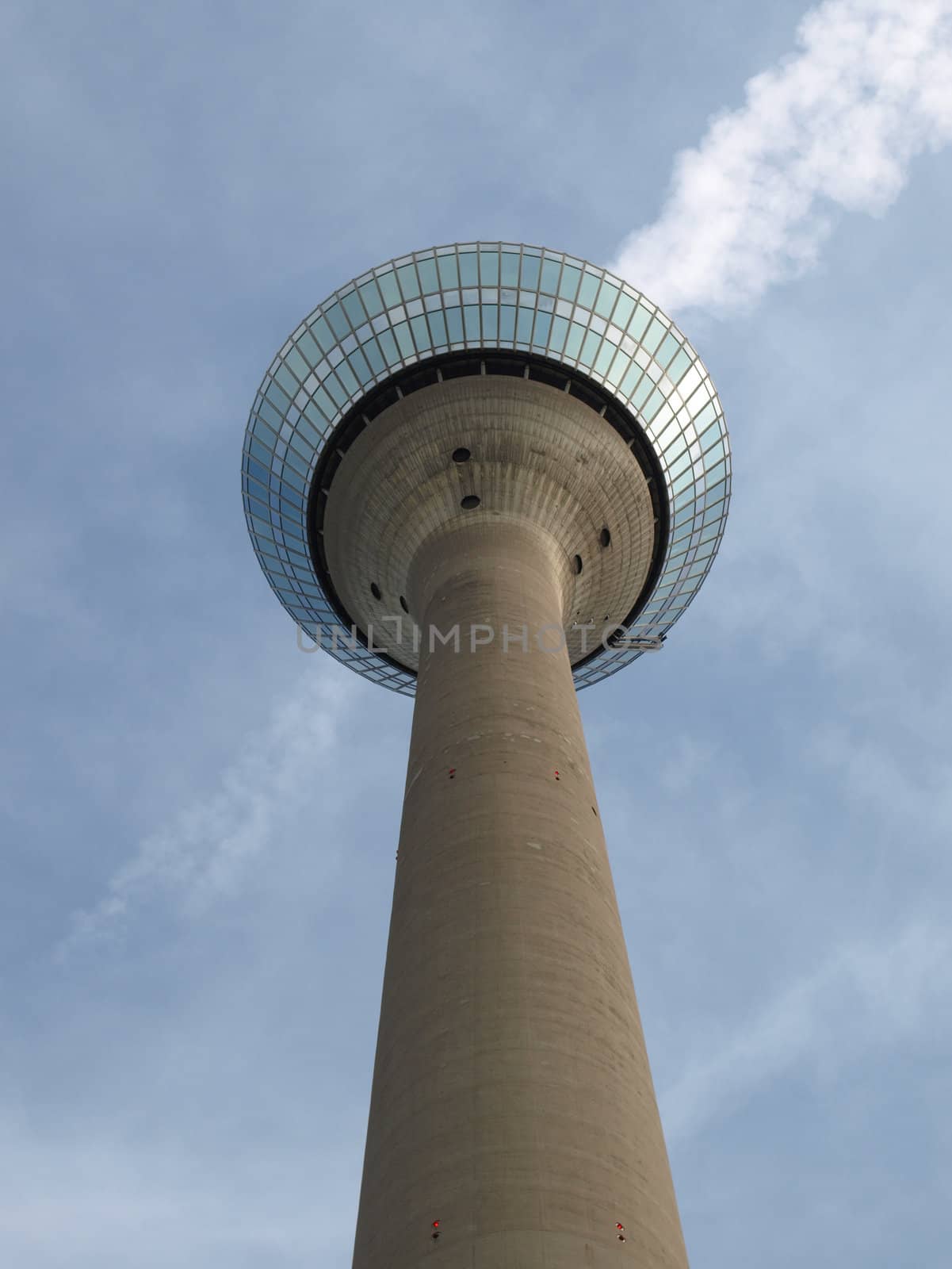 Duesseldorf Rheinturm telecommunications tower over blue sky