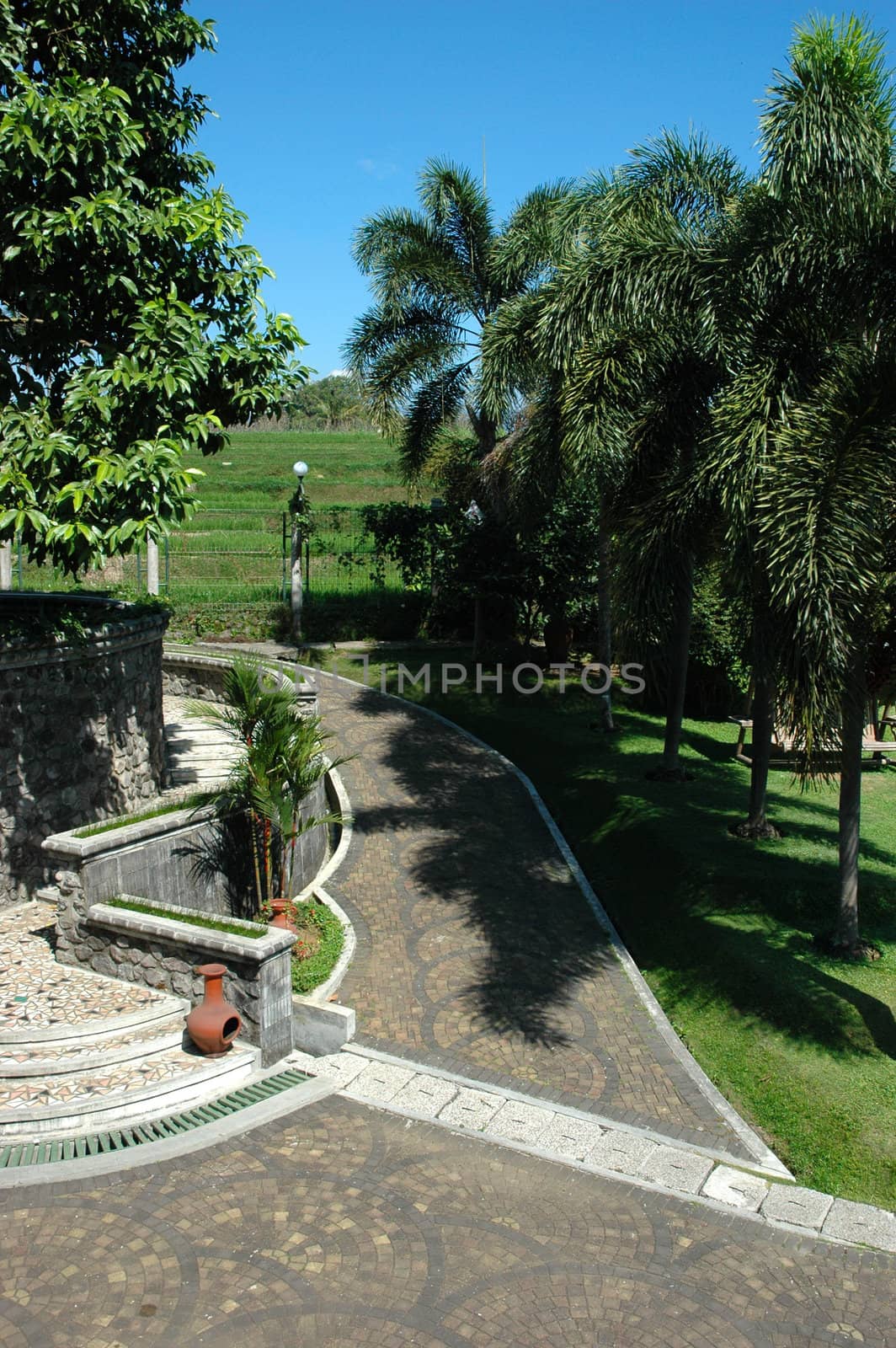 beautifull garden that build and designed with brick stone path