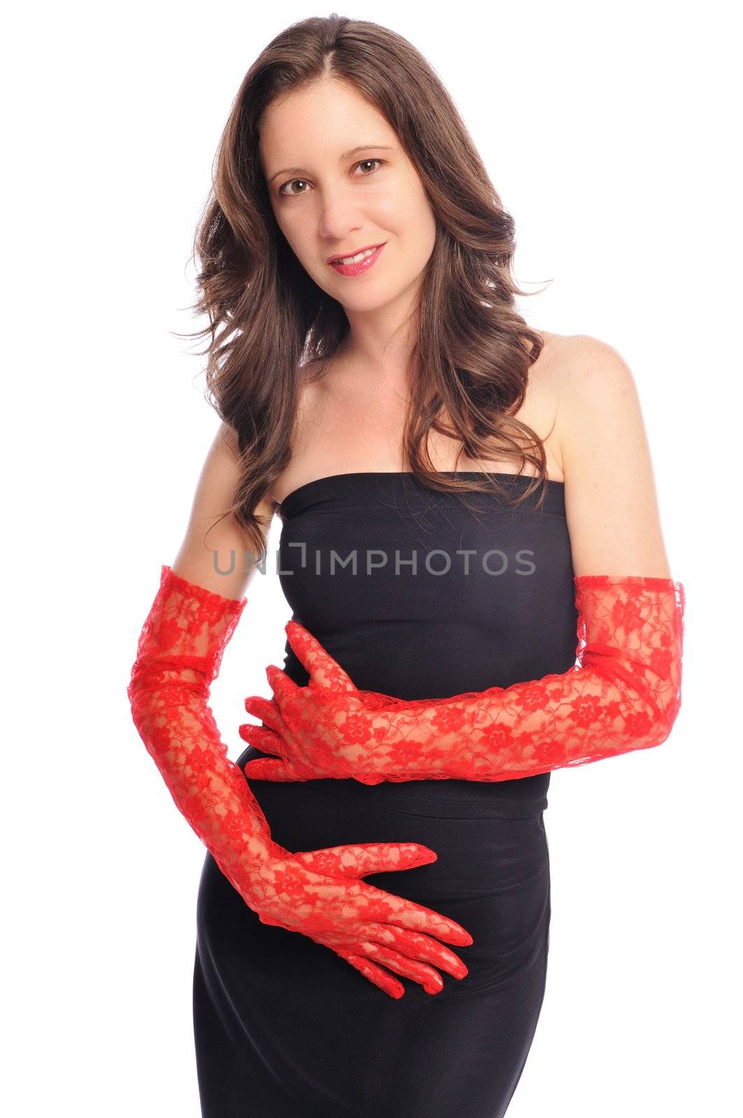woman in a black dress and red gloves on white background