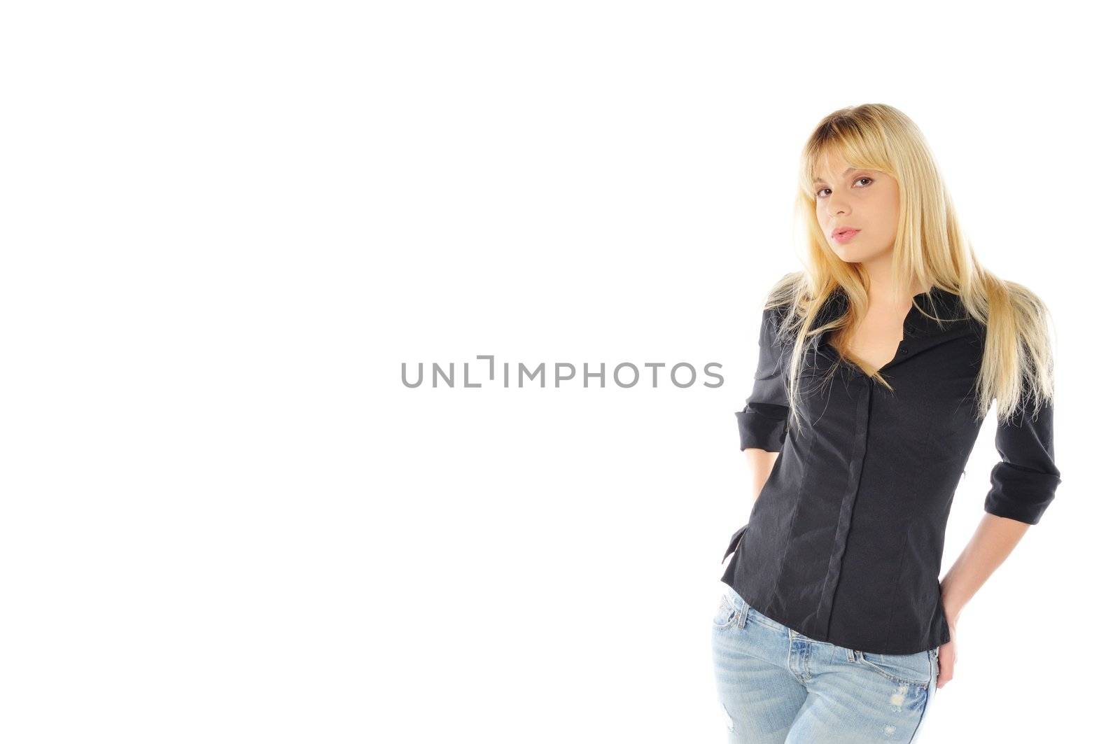 attractive young blond woman on a white background with copyspace