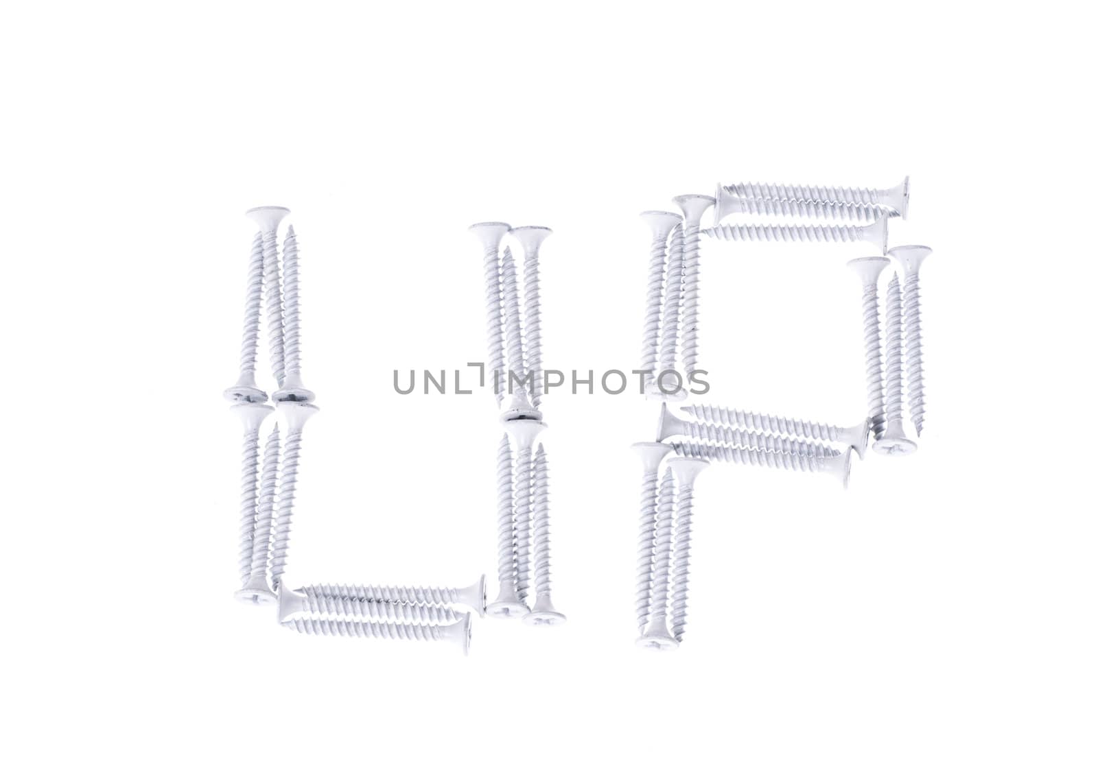 An UP shape with zinc plated screws on white background