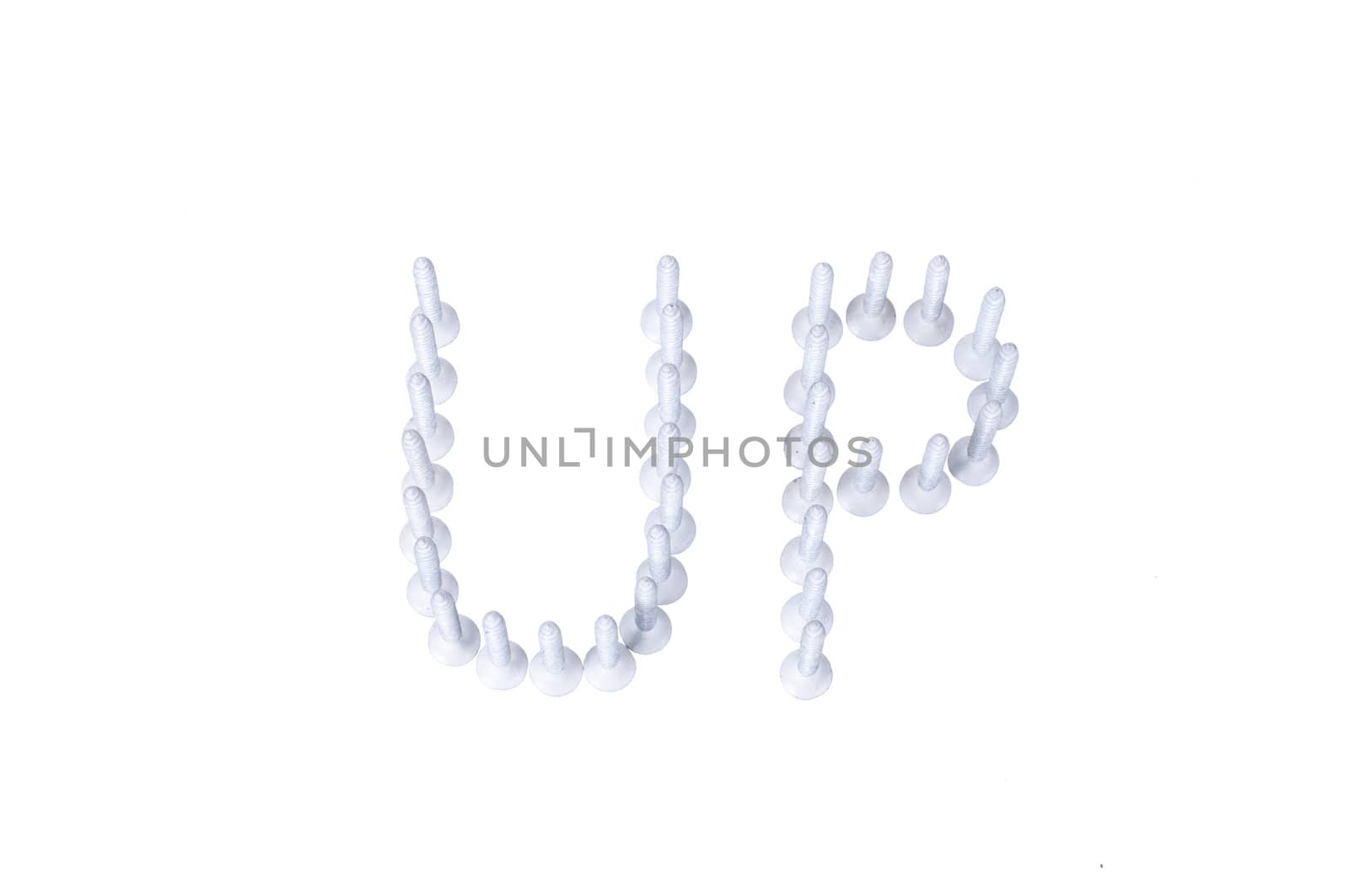 An UP shape with zinc plated screws in upright position on white background