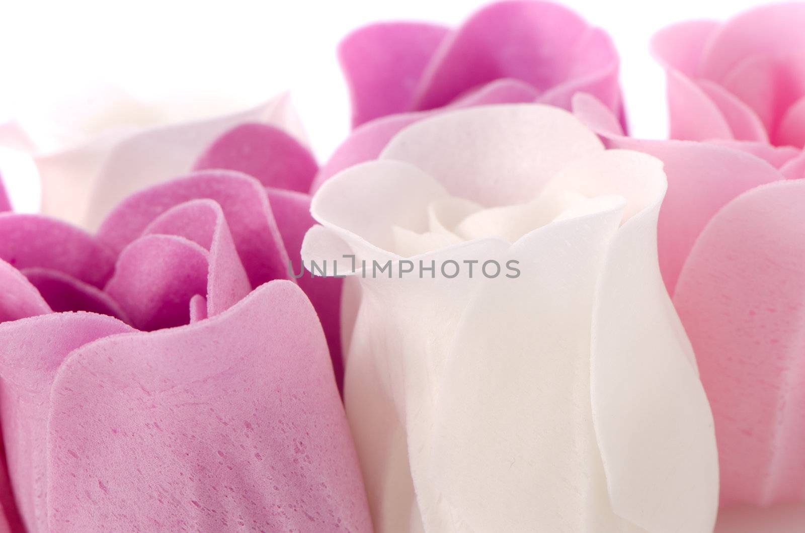 Pink, purple and white beautiful luxury soap roses background.