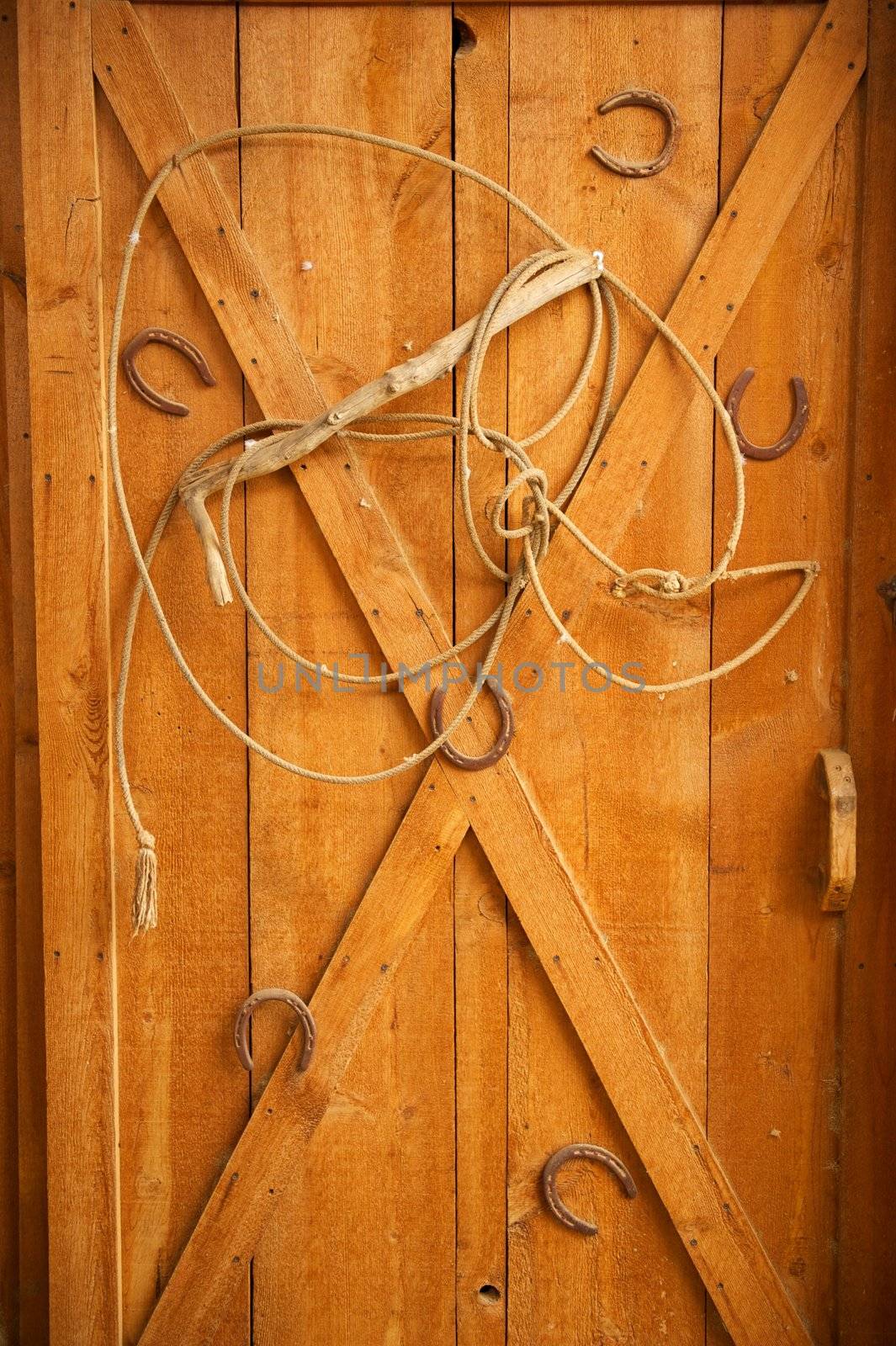An old lasso is arranged in a decorative way with old rusted horse shoes on a golden wooden door